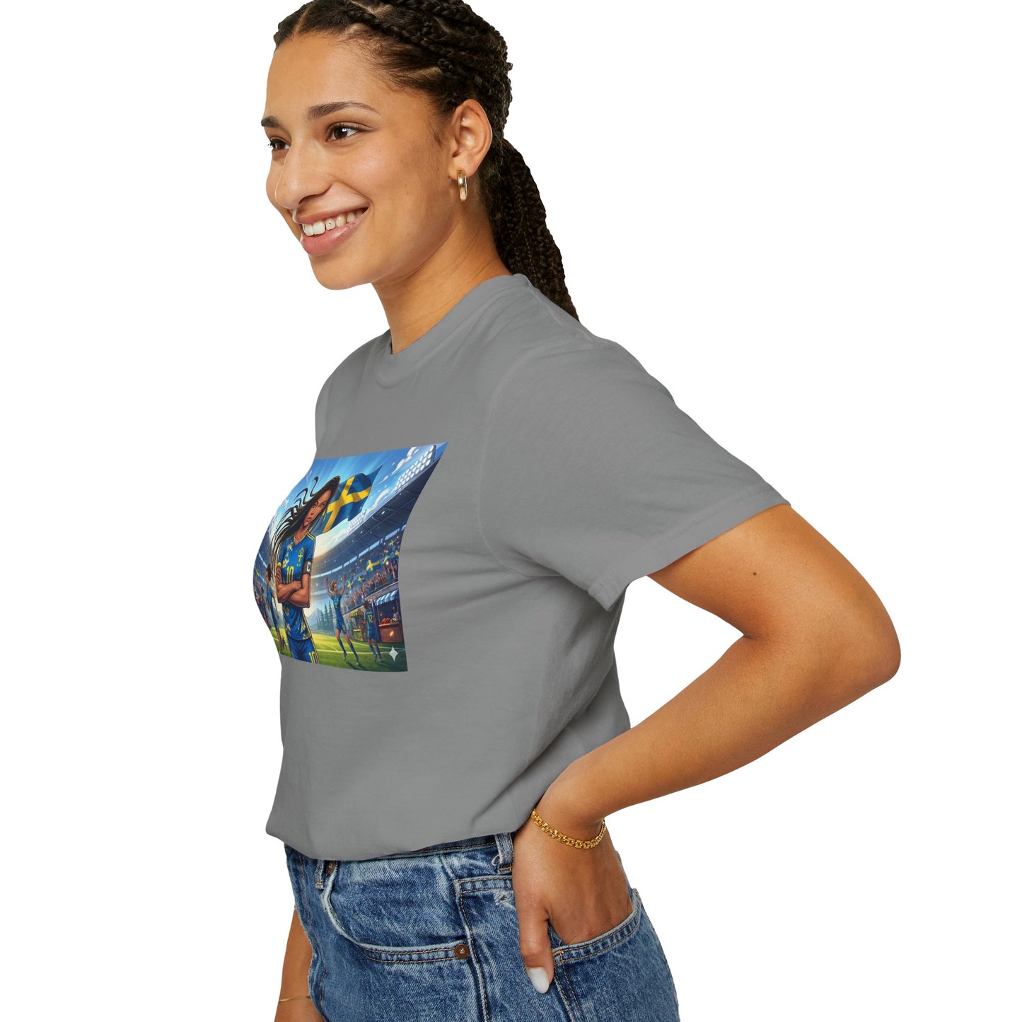 Swedish Soccer Pride T-Shirt — Female Footballer with Flag Stadium Design