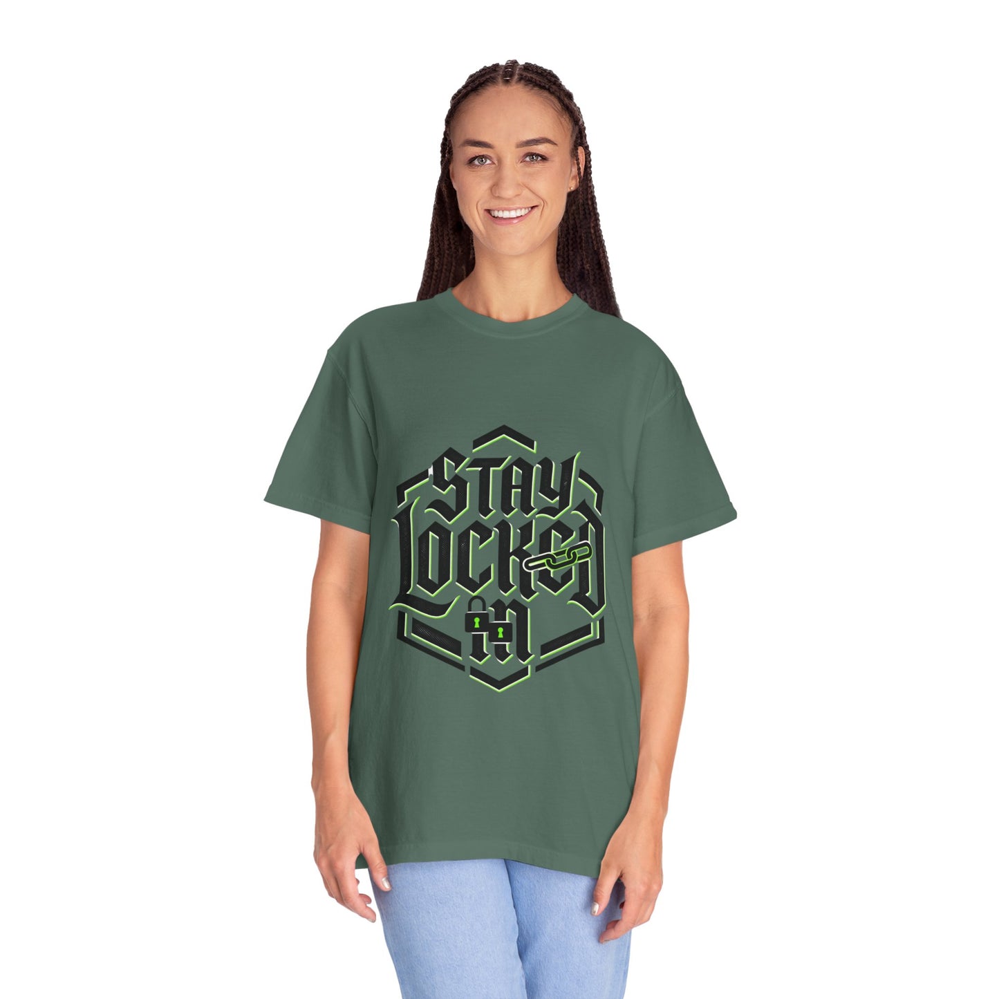 Stay Locked In T-Shirt — Bold Gothic Logo Tee