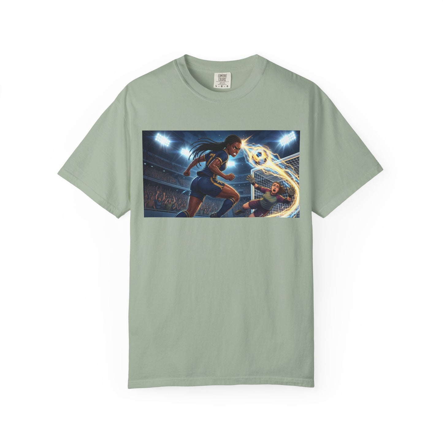 Soccer Duel Graphic T-Shirt — Futuristic Goalkeeper vs Striker Stadium Print