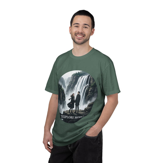 Explore More T-Shirt — Adventure Graphic Tee with Waterfall Scene
