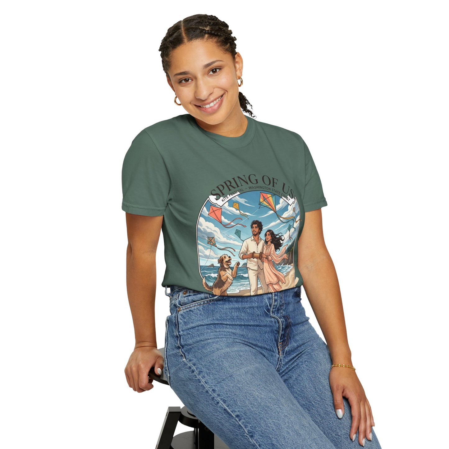 Spring of Us T-Shirt — Romantic Beach Couple Illustration with Dog