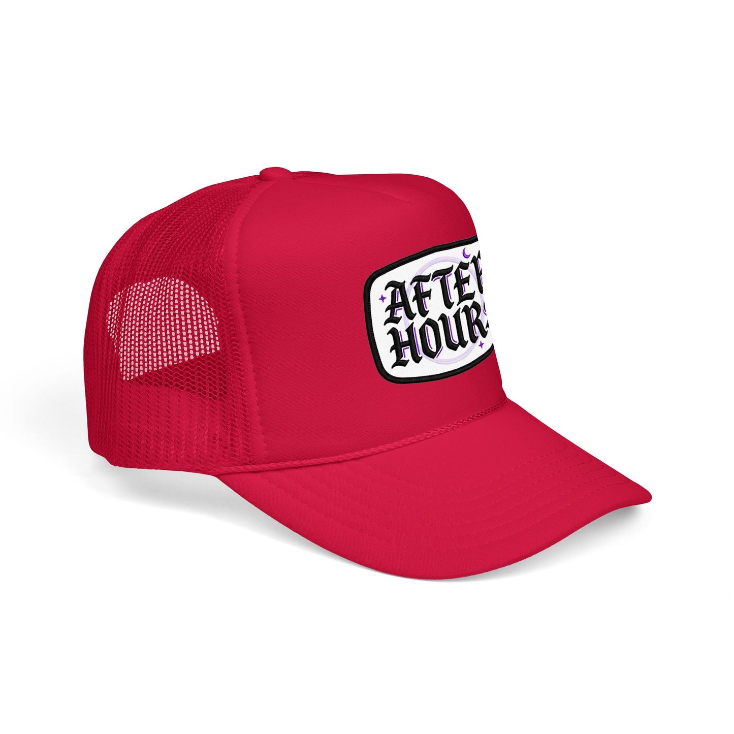 After Hours Foam Trucker Hat – Retro Gothic Embroidered Patch Cap
