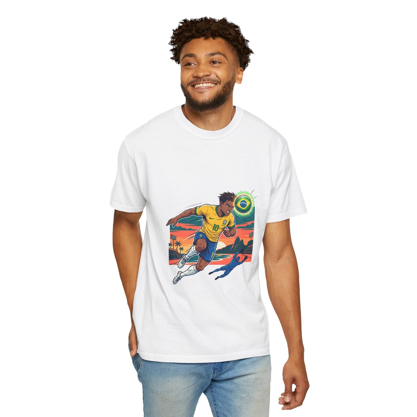 Brazil Soccer Player Graphic T-Shirt — Retro Sunset Football Tee