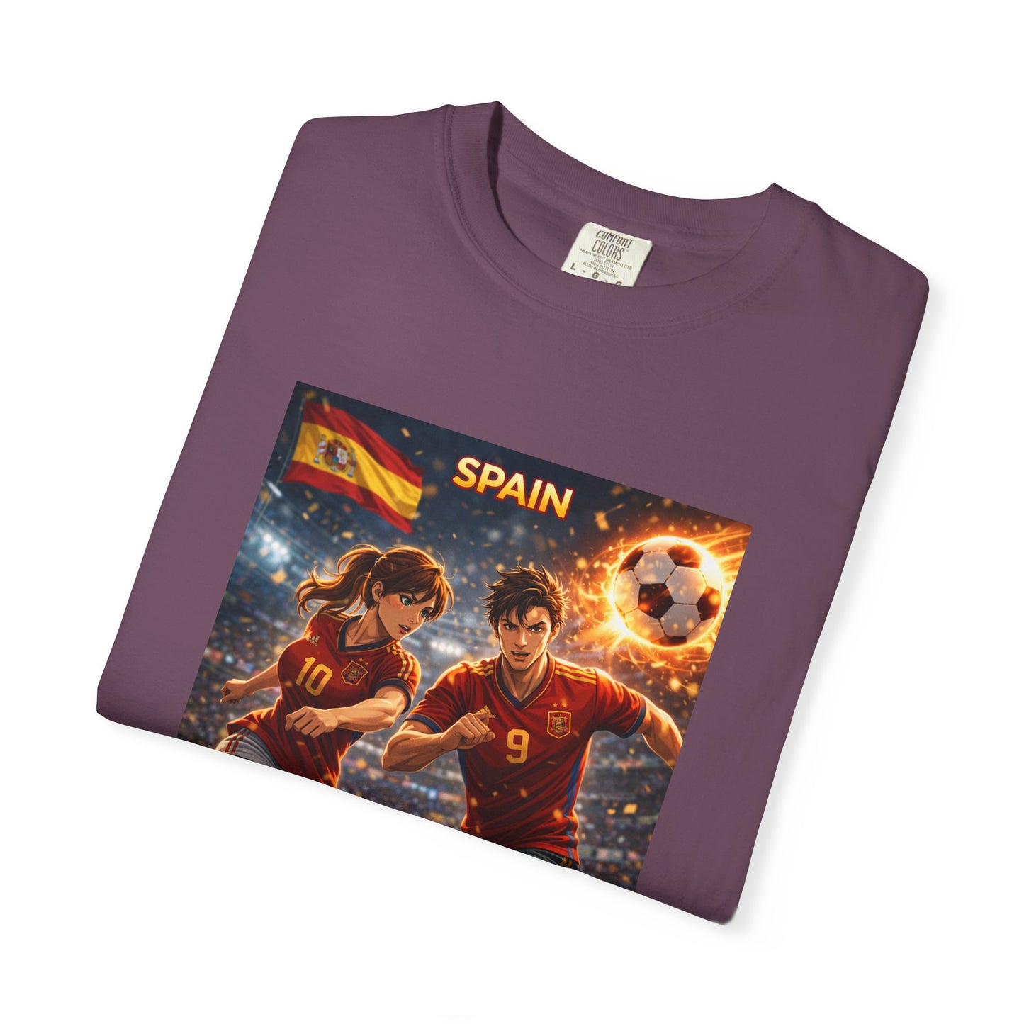 Spain Soccer Graphic T-Shirt — Retro Match Scene with Flag