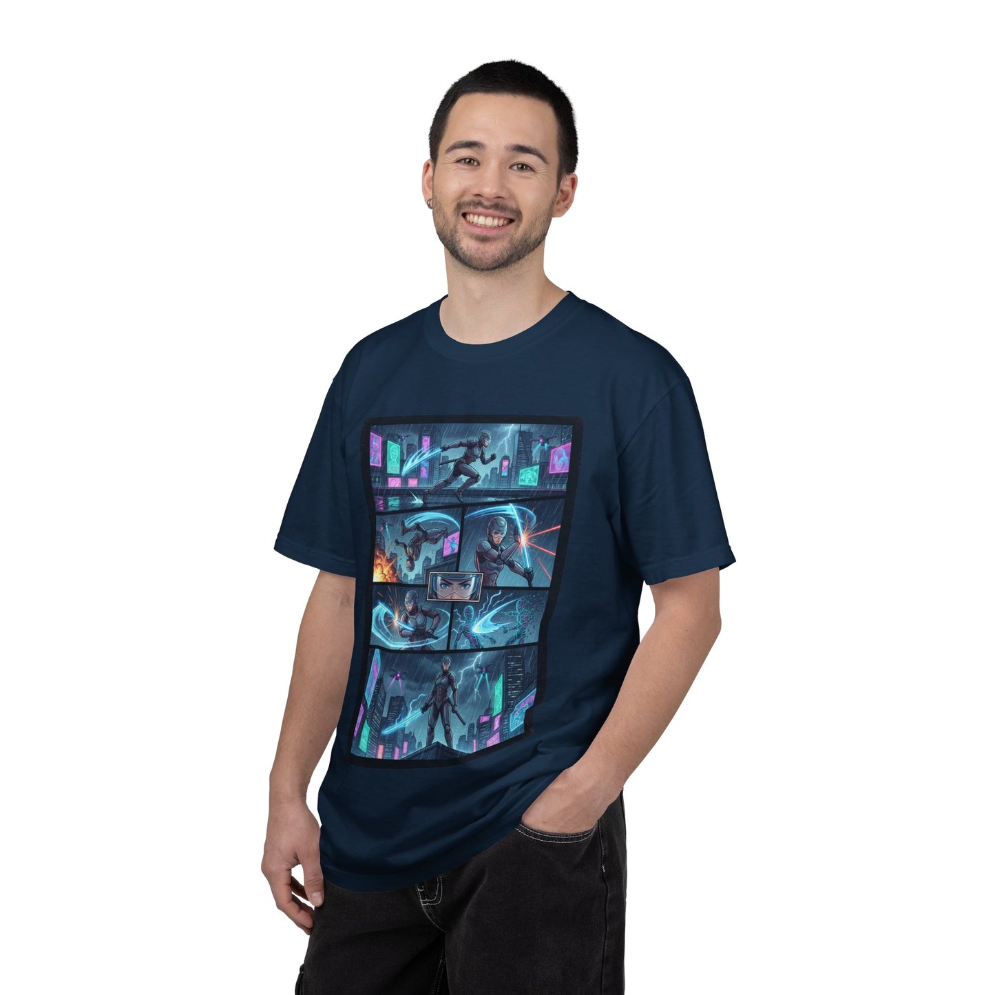 Cyberpunk Girl Samurai T-Shirt — Neon Manga Panel Graphic Tee
