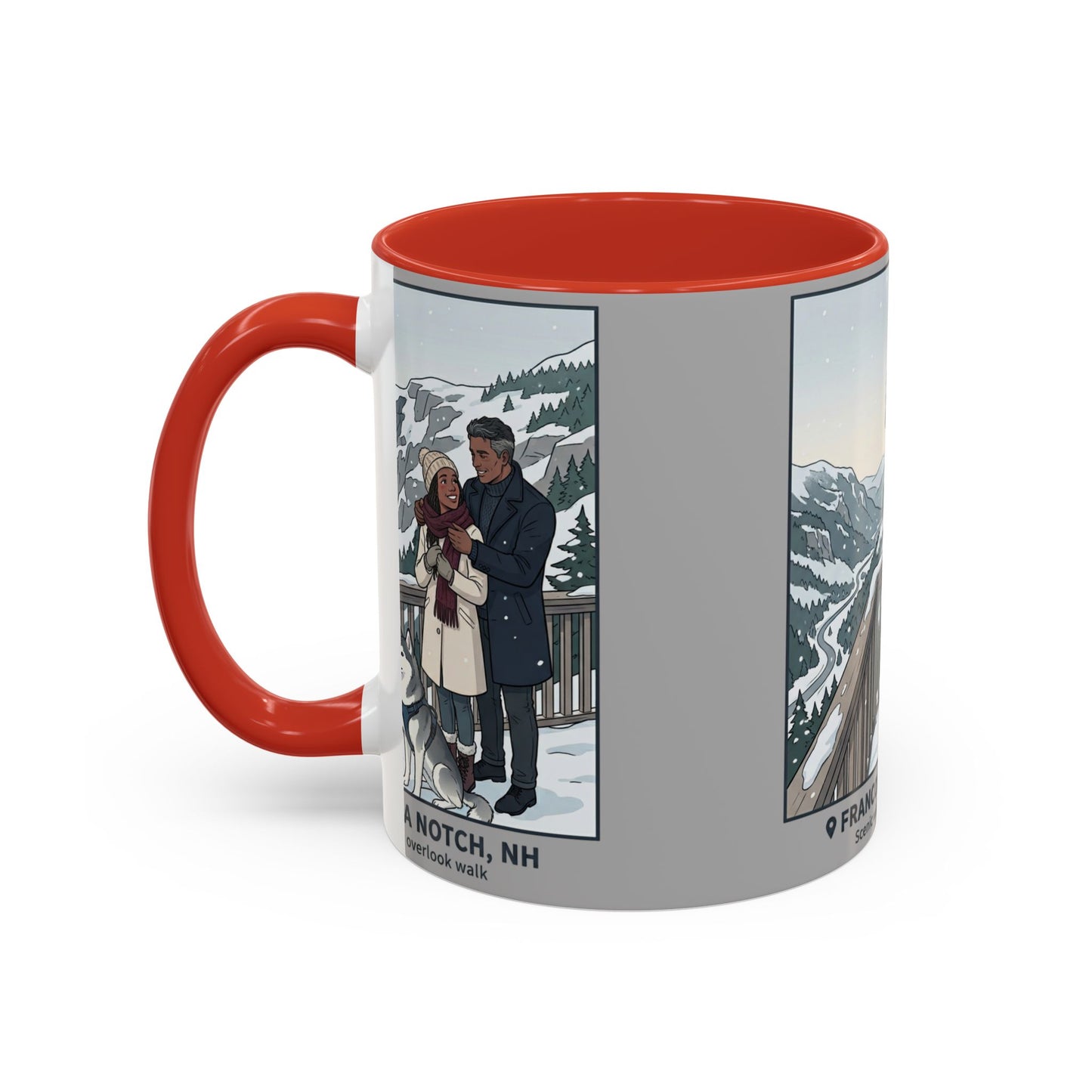 Franconia Notch Scenic Winter Mug — Couples & Dog Snowy Overlook Coffee Cup (11/15oz)