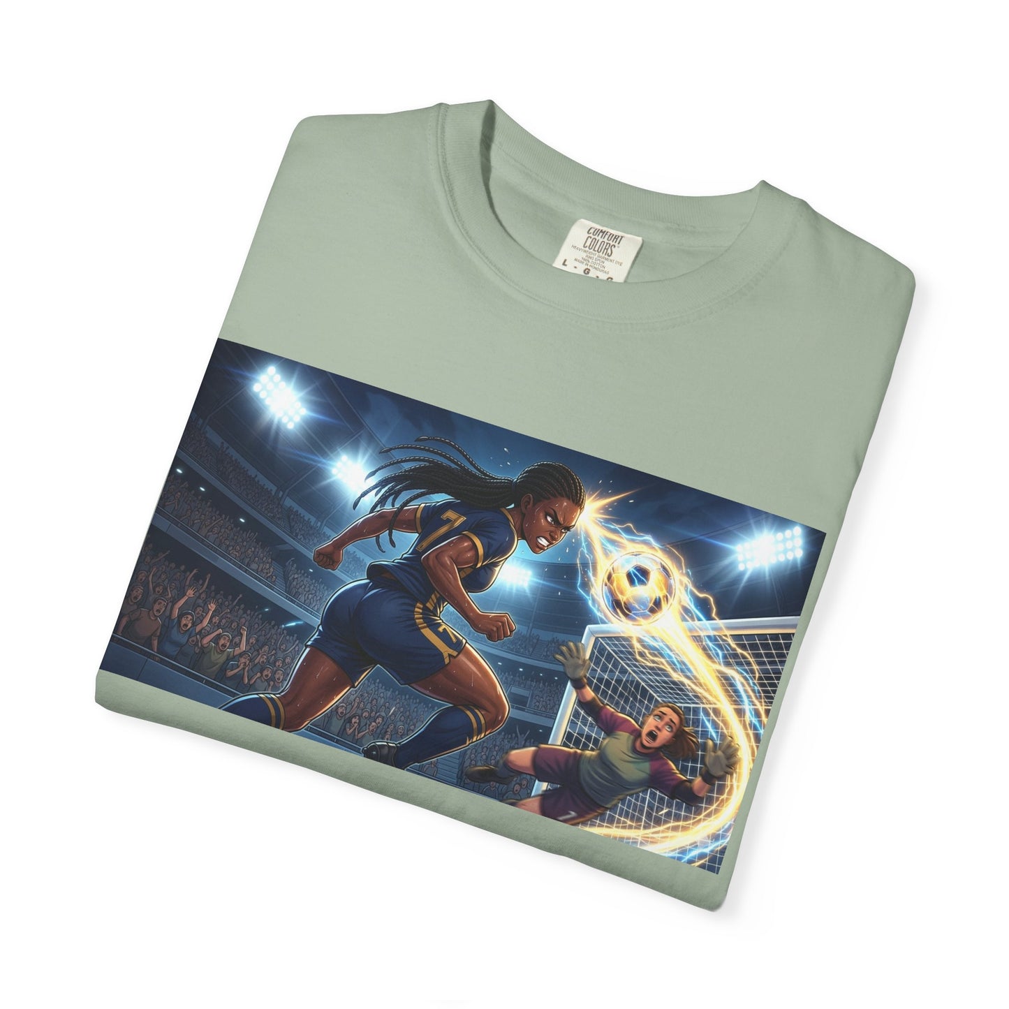 Soccer Duel Graphic T-Shirt — Futuristic Goalkeeper vs Striker Stadium Print