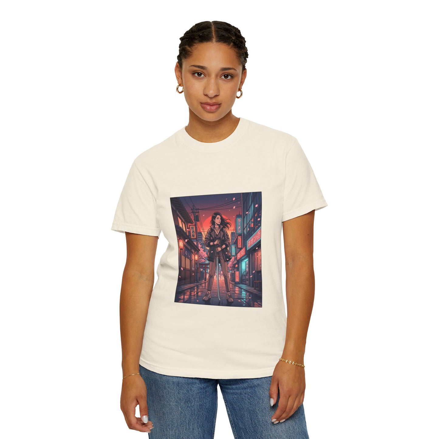 Cyberpunk Night Streets T‑Shirt — Neon Samurai Girl Graphic Tee