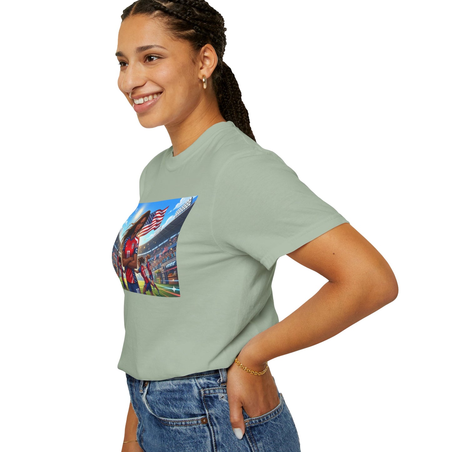 Soccer Mom USA T-Shirt — Female Soccer Player with American Flag Stadium Graphic