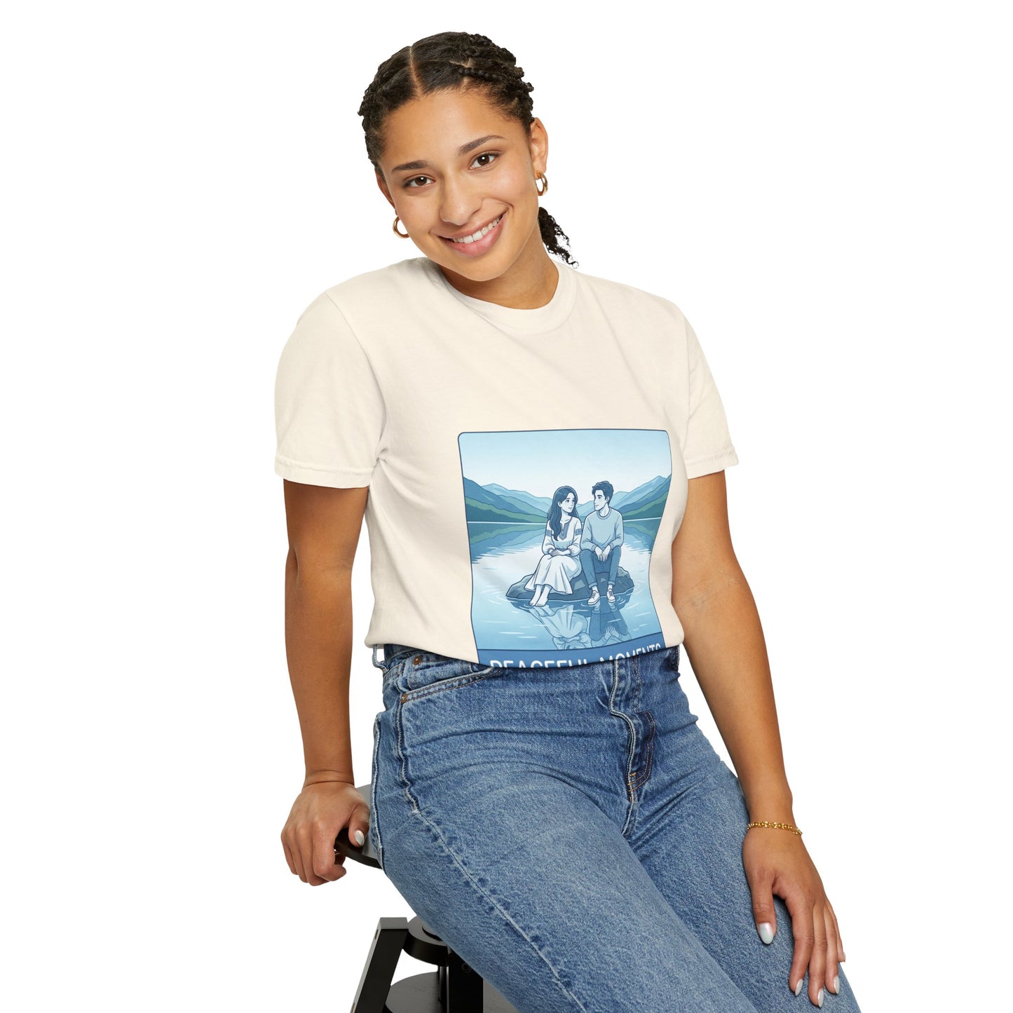 Peaceful Moments Tee — Couple Sitting by Lake Graphic T-Shirt