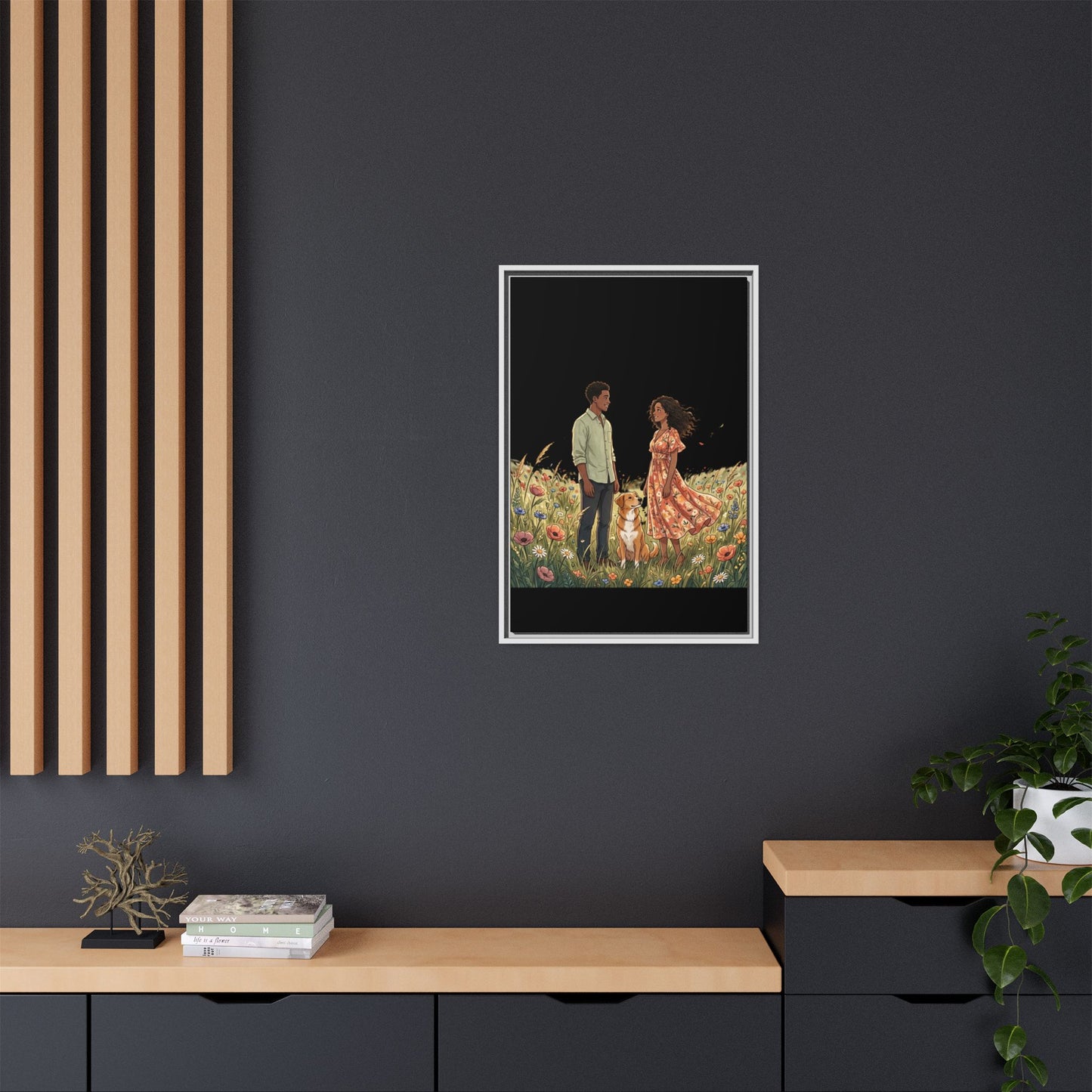 Framed Matte Canvas Print — Romantic Couple in Wildflower Field (Multi‑Color)