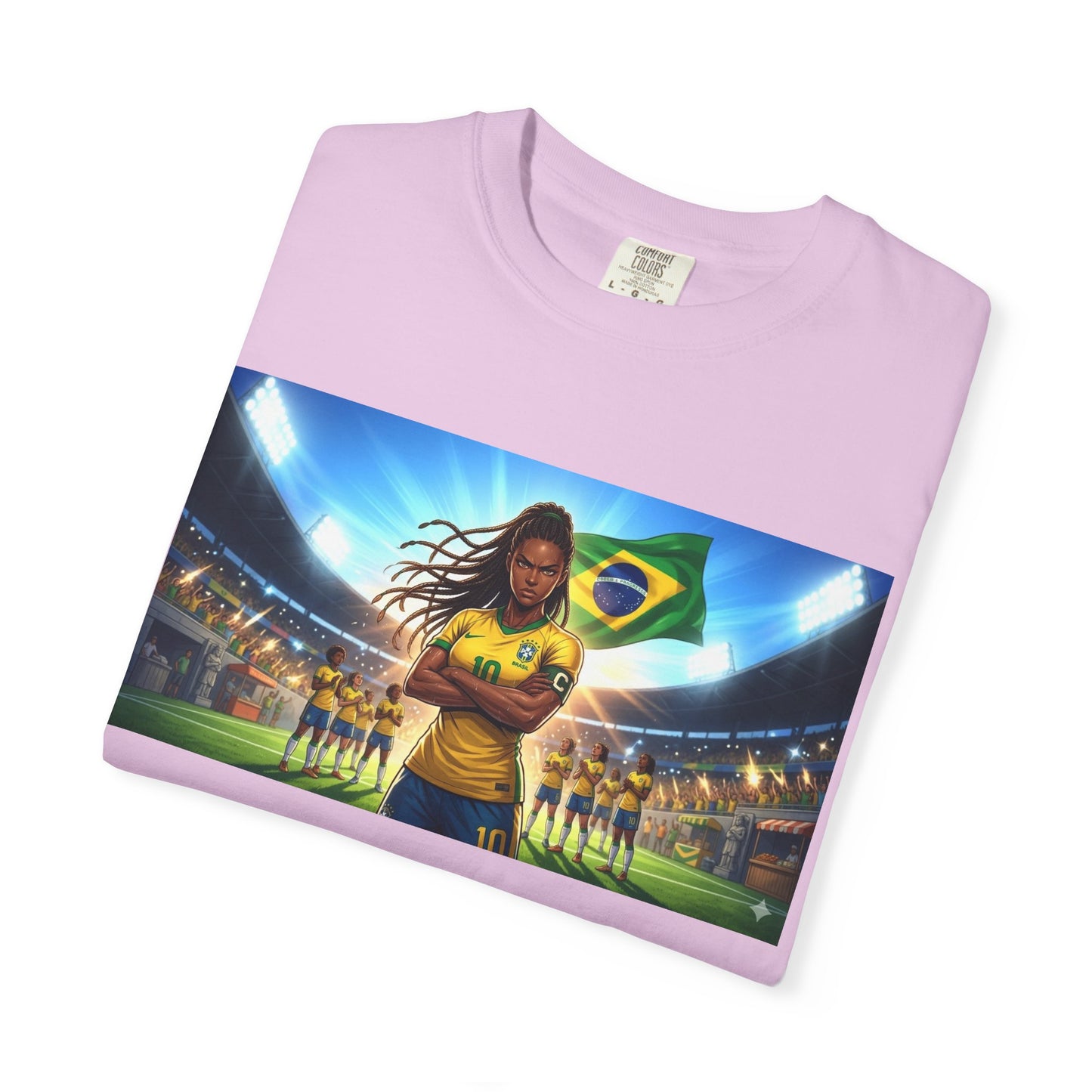 Brazil Soccer Captain T-Shirt — Player Holding Ball with Brazilian Flag Stadium Graphic