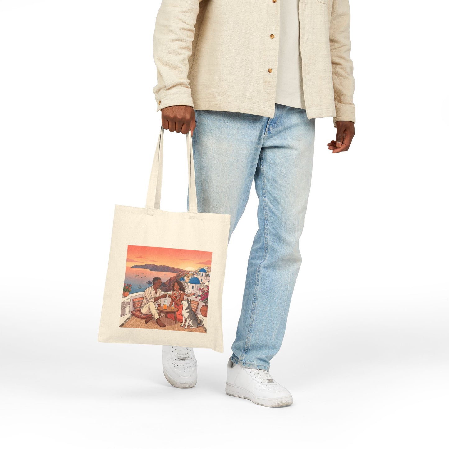 Santorini Sunset Beach Tote — Romantic Couple & Dog Canvas Bag