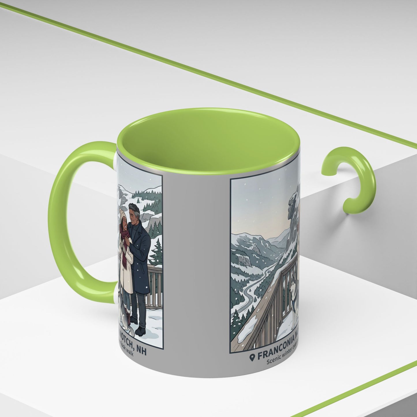 Franconia Notch Scenic Winter Mug — Couples & Dog Snowy Overlook Coffee Cup (11/15oz)