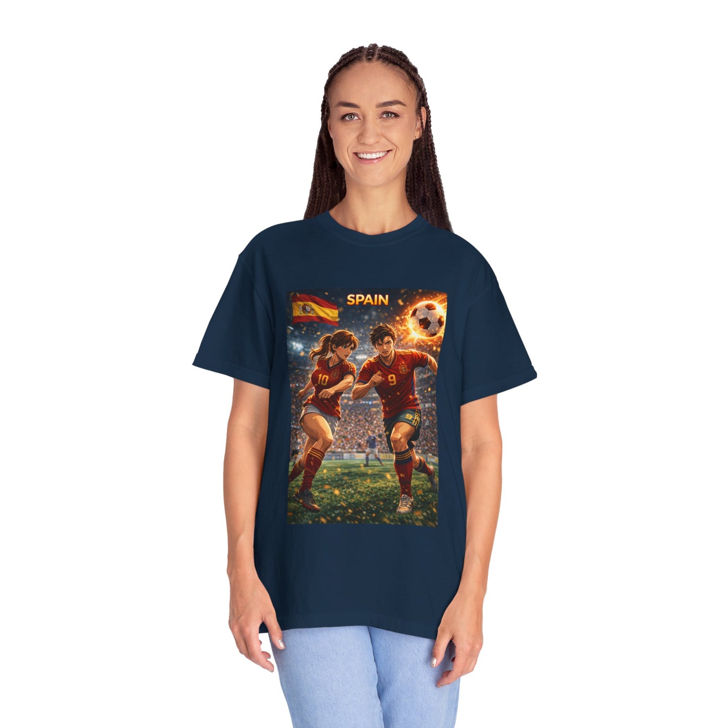Spain Soccer Graphic T-Shirt — Retro Match Scene with Flag