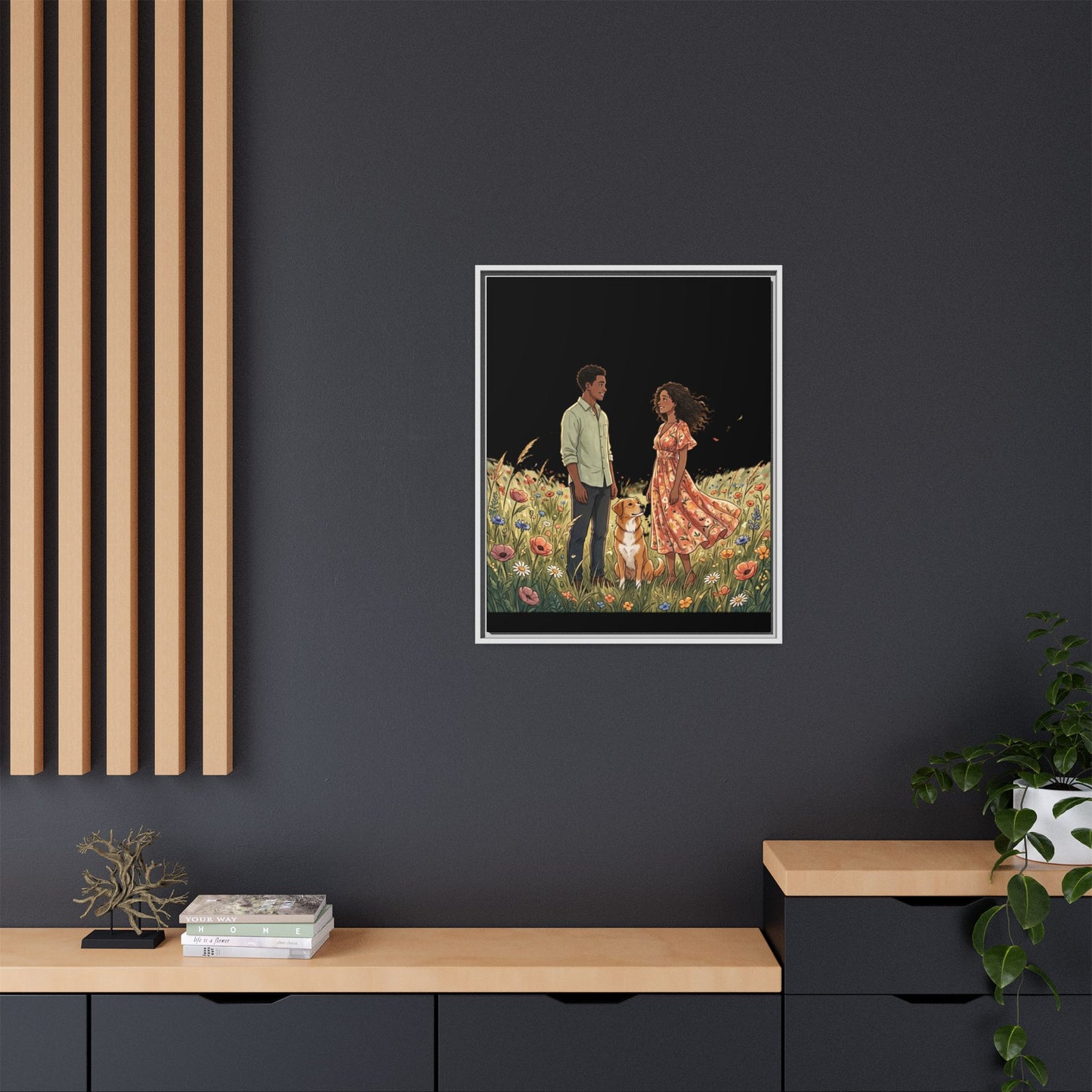 Framed Matte Canvas Print — Romantic Couple in Wildflower Field (Multi‑Color)