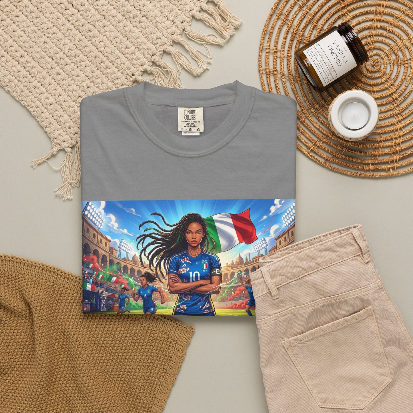 Italian Soccer Fan T‑Shirt – Inspirational Female Player with Italy Flag Stadium Print