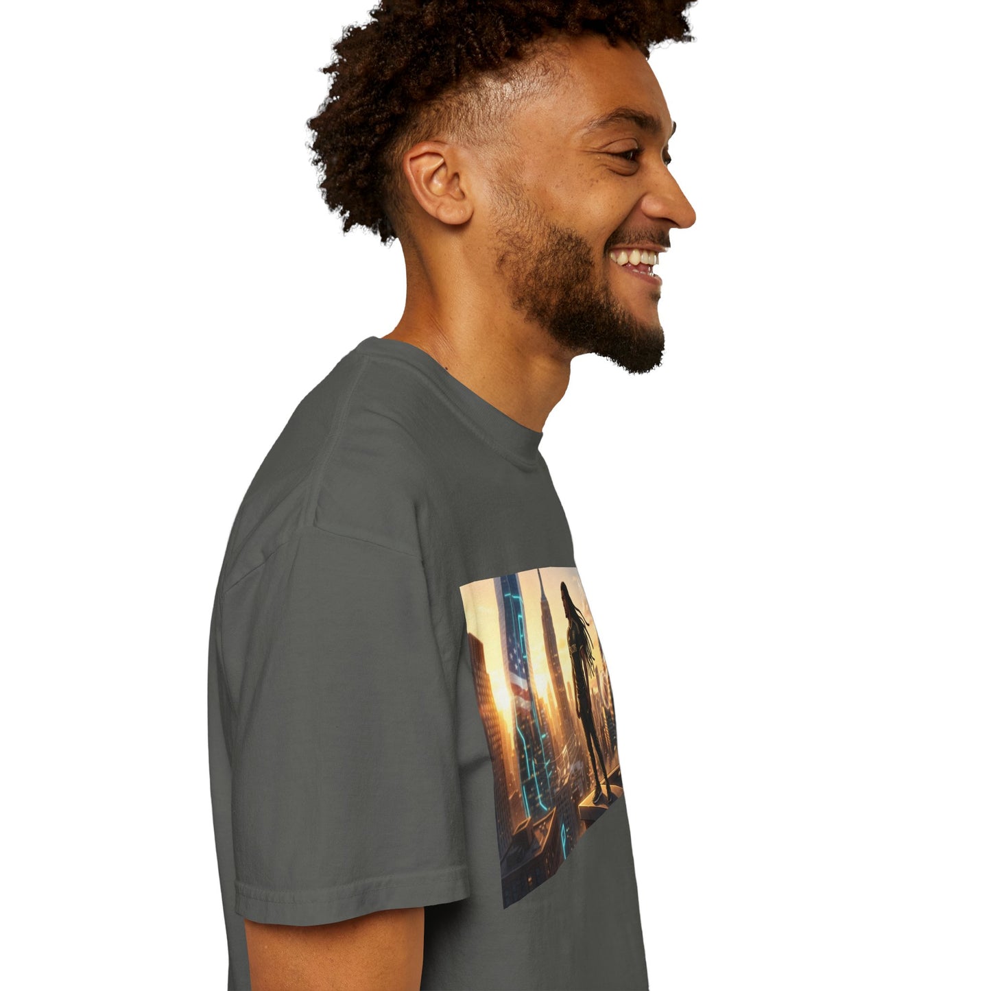 Cyberpunk Cityscape T-Shirt — Silhouette Hero at Sunset