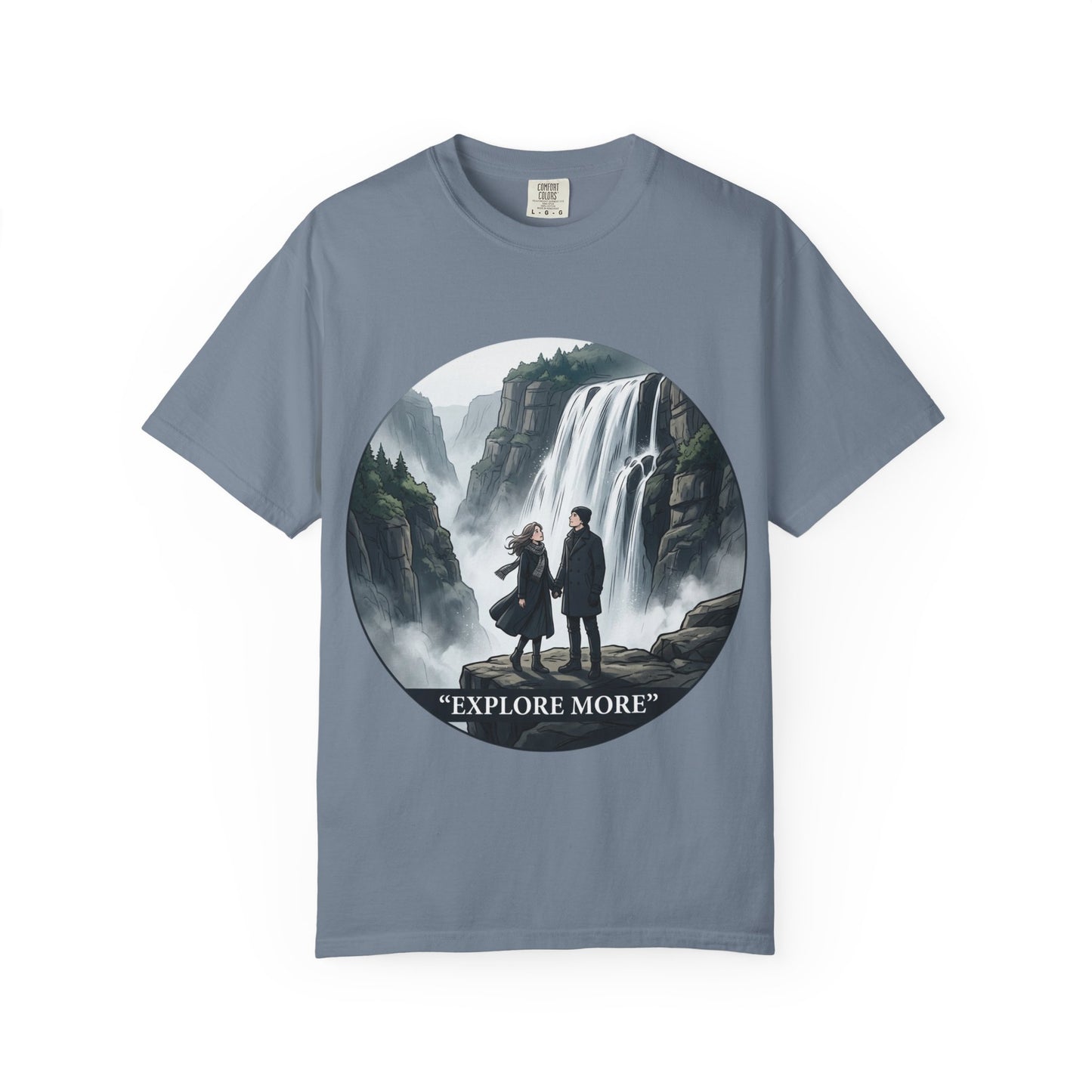 Explore More T-Shirt — Adventure Graphic Tee with Waterfall Scene