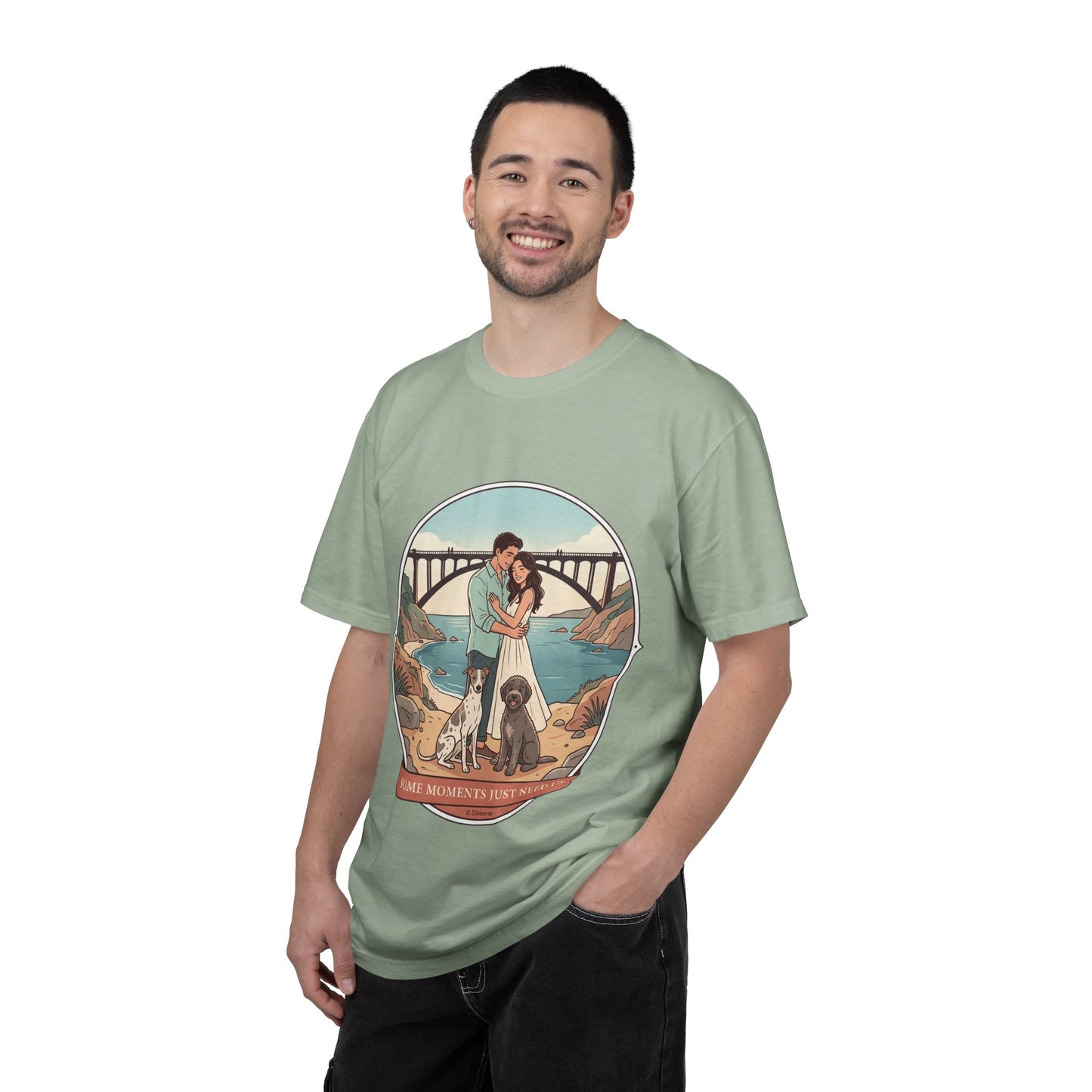 T-Shirt — Romantic Coastal Couples Tee “Some Moments Are Forever” with Dogs