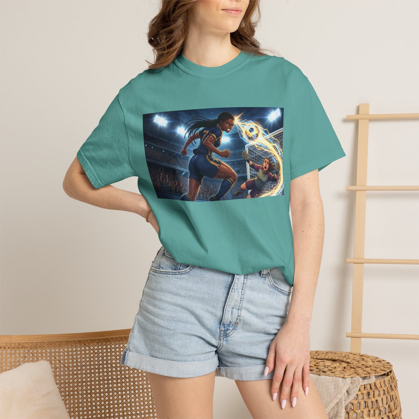 Soccer Duel Graphic T-Shirt — Futuristic Goalkeeper vs Striker Stadium Print