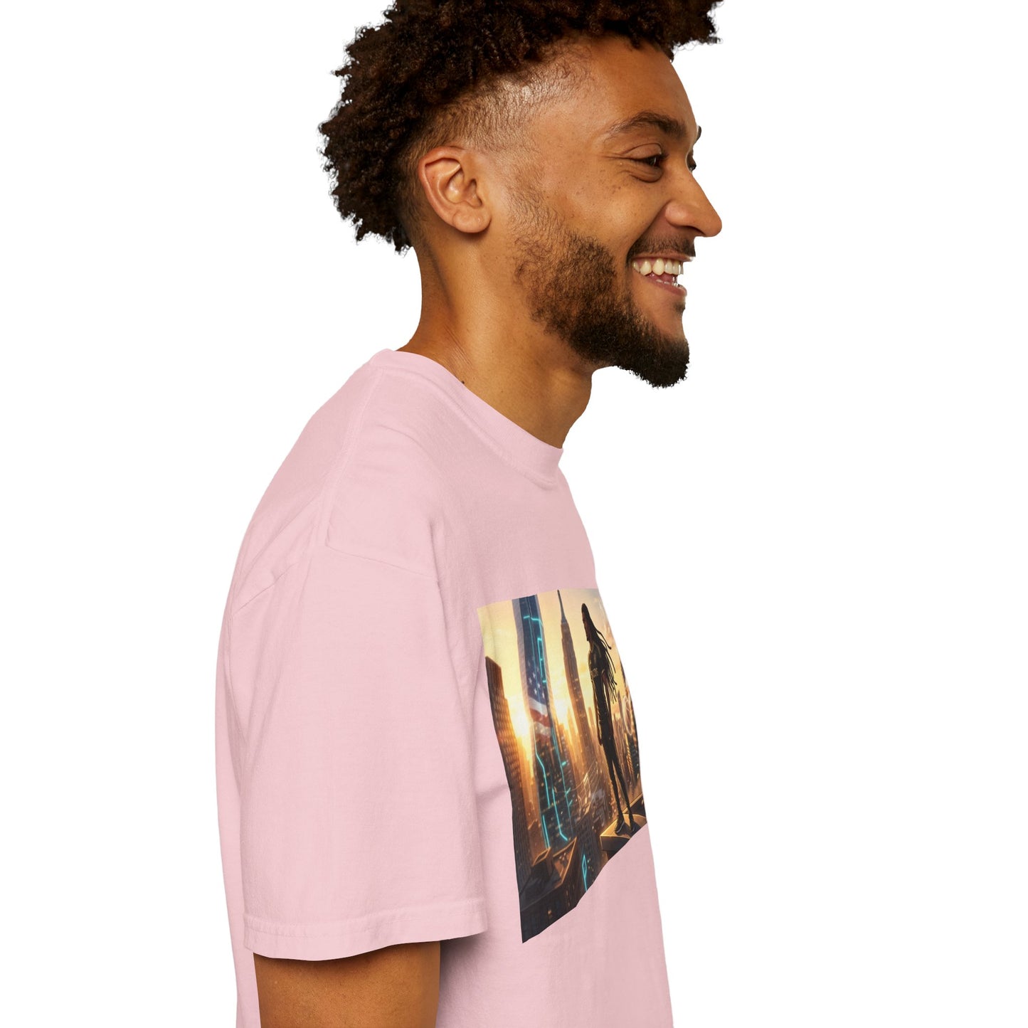 Cyberpunk Cityscape T-Shirt — Silhouette Hero at Sunset