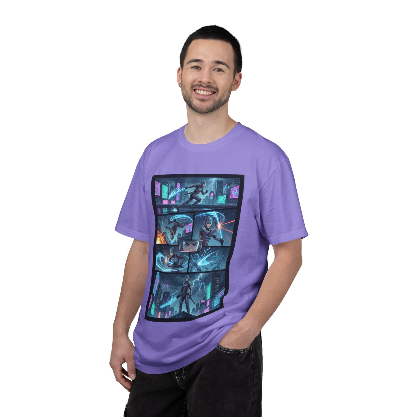 Cyberpunk Girl Samurai T-Shirt — Neon Manga Panel Graphic Tee