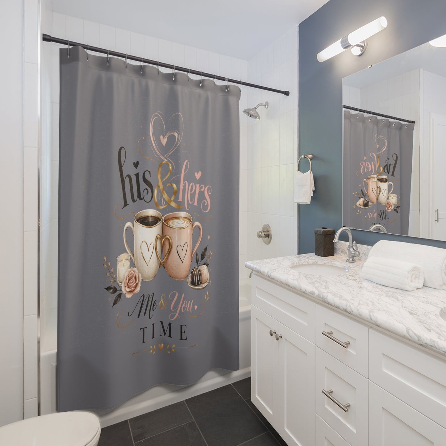 Brewed for Two. 2 Cups, One Love – His & Hers Coffee Shower Curtain for Couples