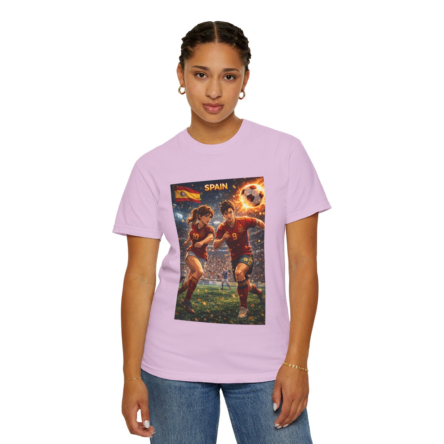 Spain Soccer Graphic T-Shirt — Retro Match Scene with Flag