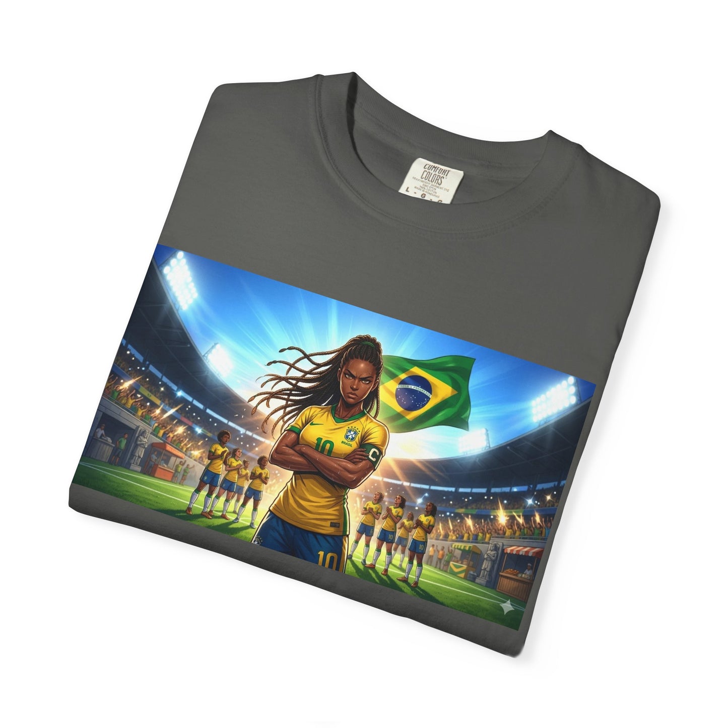 Brazil Soccer Captain T-Shirt — Player Holding Ball with Brazilian Flag Stadium Graphic