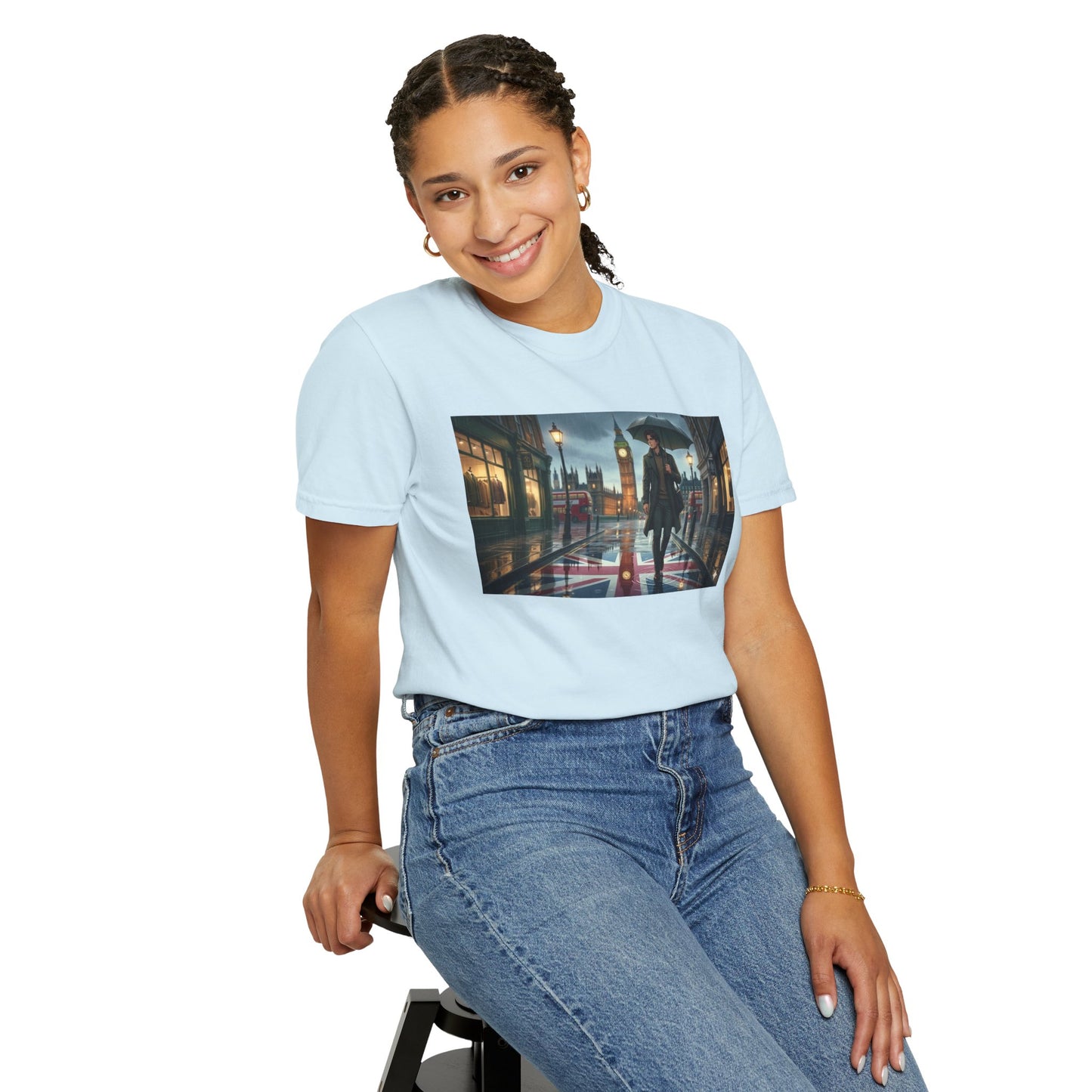 T-Shirt — Rainy London Street Scene Graphic Tee (Big Ben, Umbrella, Night Cityscape)