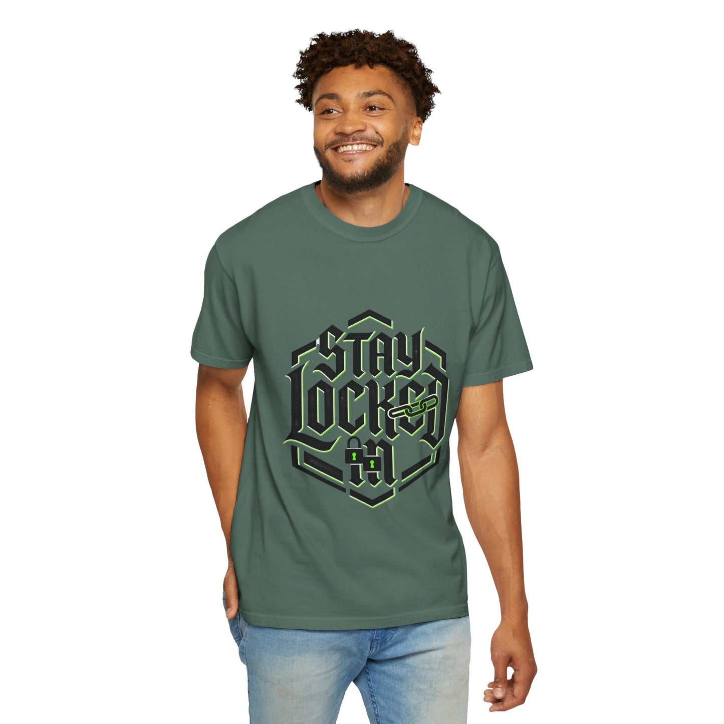 Stay Locked In T-Shirt — Bold Gothic Logo Tee