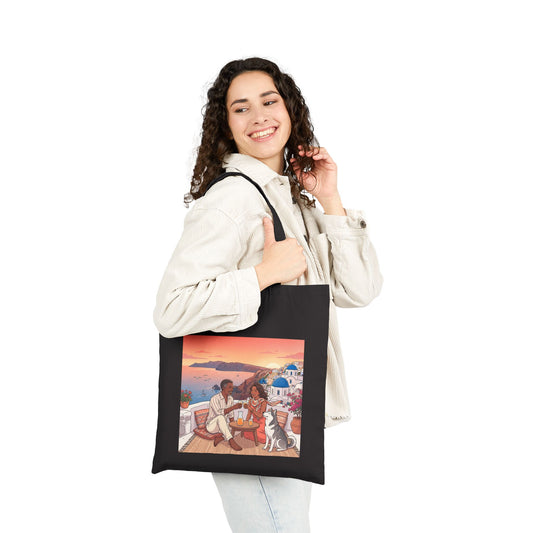 Santorini Sunset Beach Tote — Romantic Couple & Dog Canvas Bag