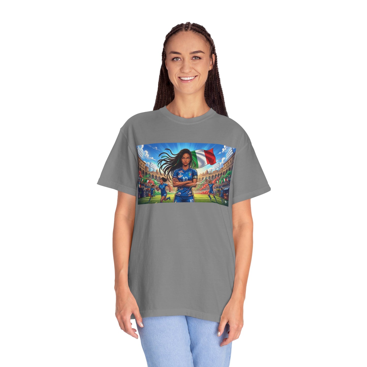 Italian Soccer Fan T‑Shirt – Inspirational Female Player with Italy Flag Stadium Print