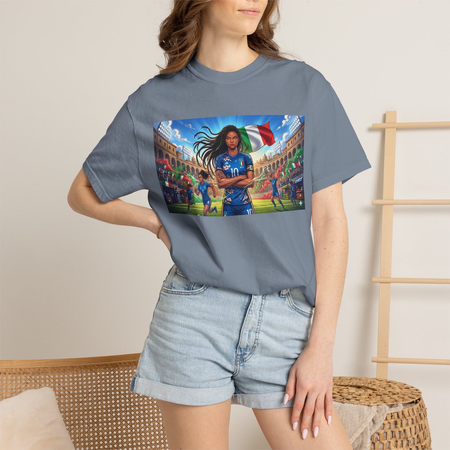 Italian Soccer Fan T‑Shirt – Inspirational Female Player with Italy Flag Stadium Print