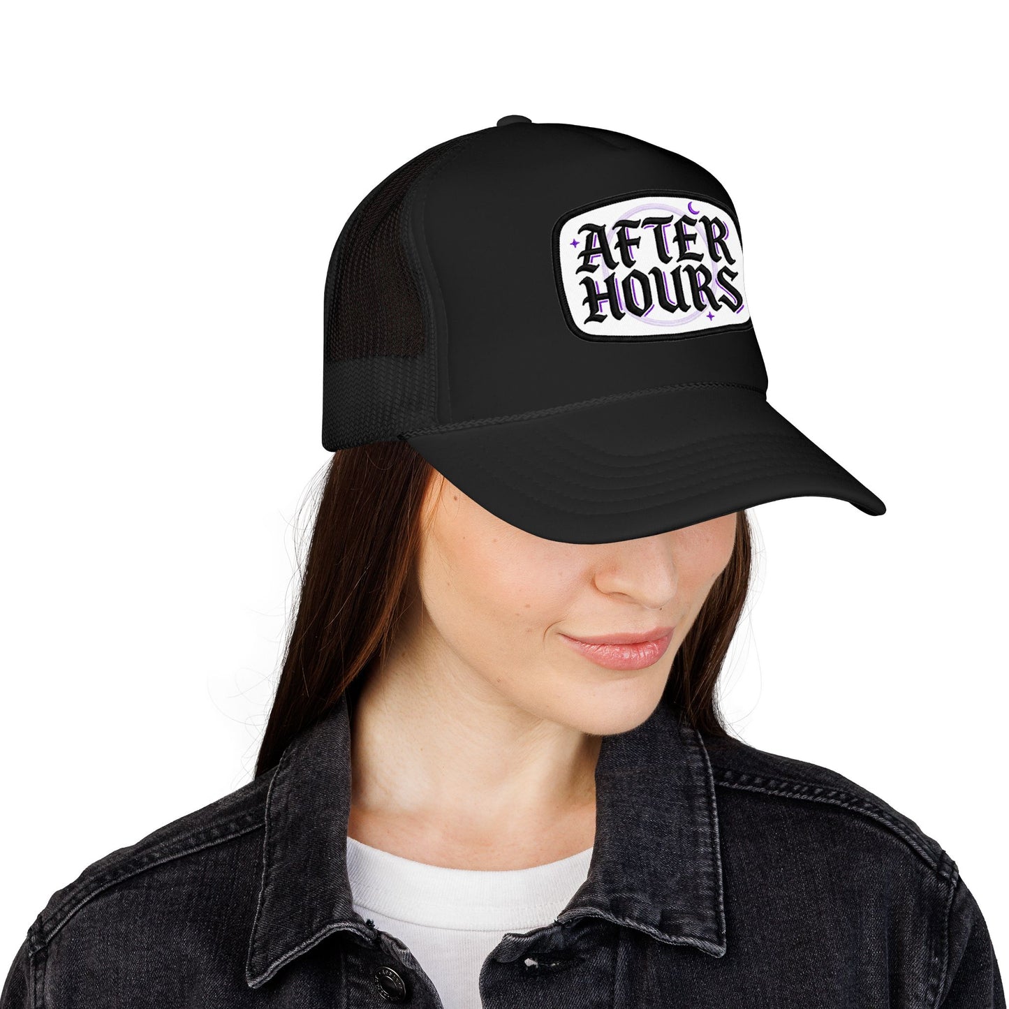 After Hours Foam Trucker Hat – Retro Gothic Embroidered Patch Cap