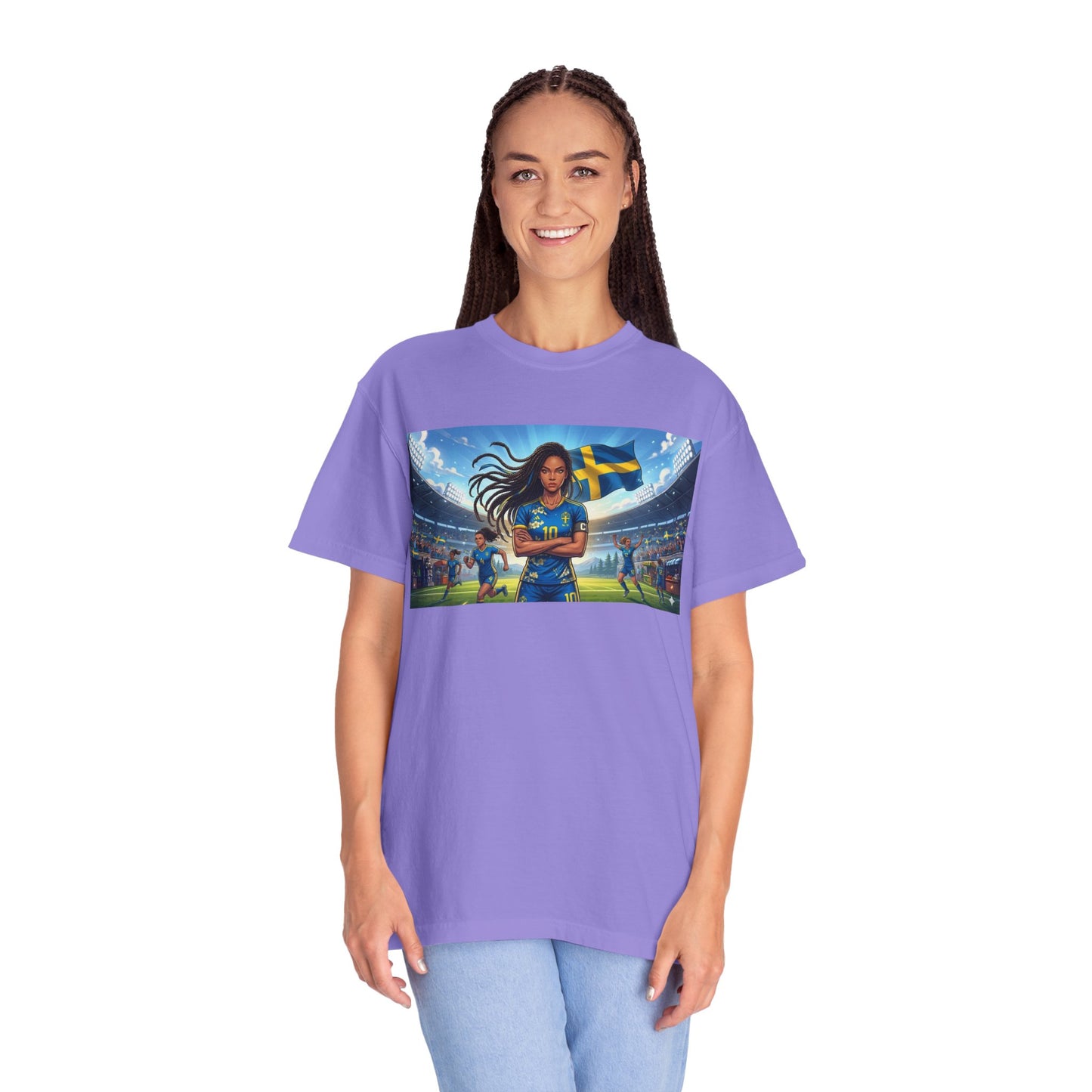 Swedish Soccer Pride T-Shirt — Female Footballer with Flag Stadium Design