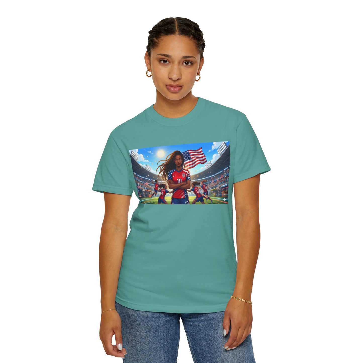 Soccer Mom USA T-Shirt — Female Soccer Player with American Flag Stadium Graphic