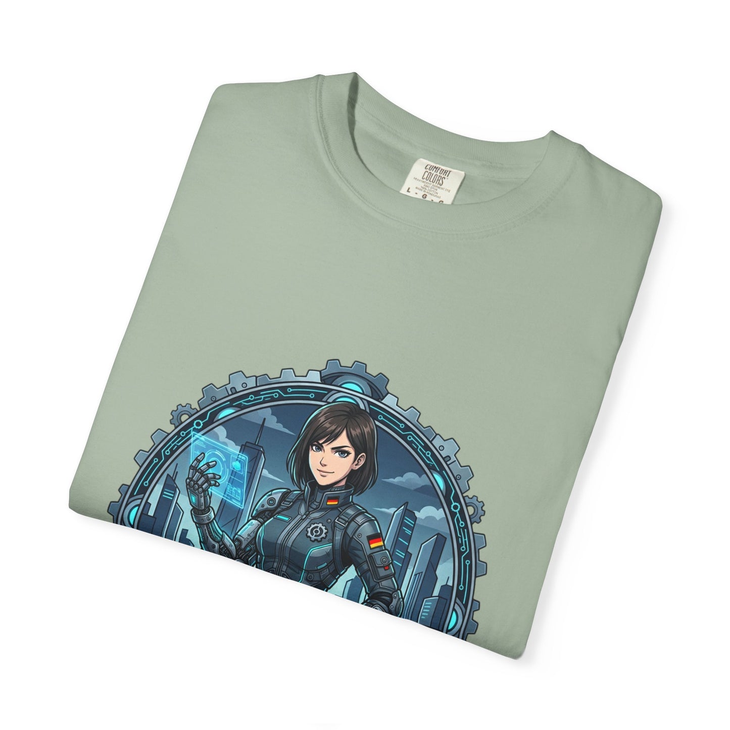 Cyber Ninja Graphic T-Shirt — Futuristic Female Warrior Illustration
