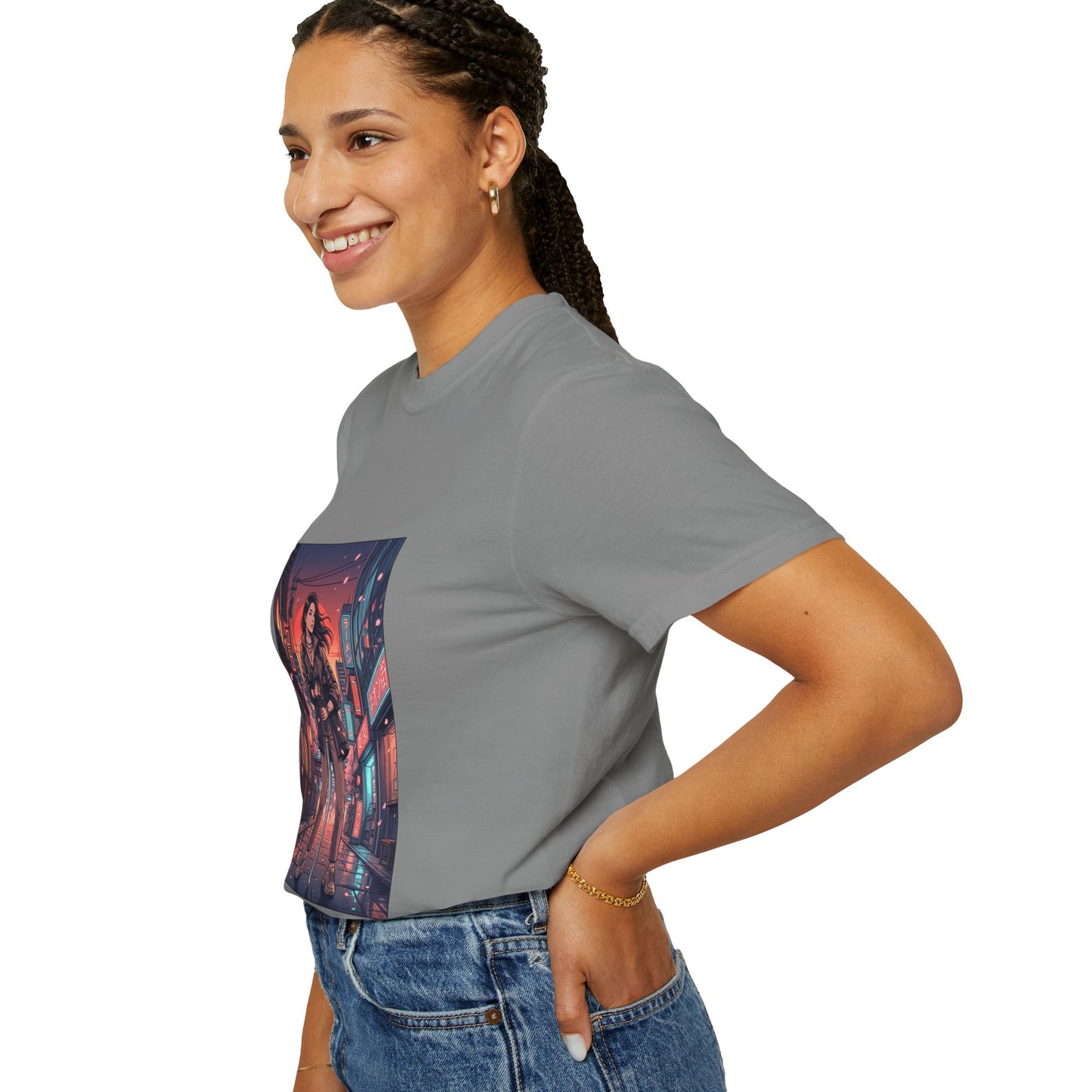 Cyberpunk Night Streets T‑Shirt — Neon Samurai Girl Graphic Tee