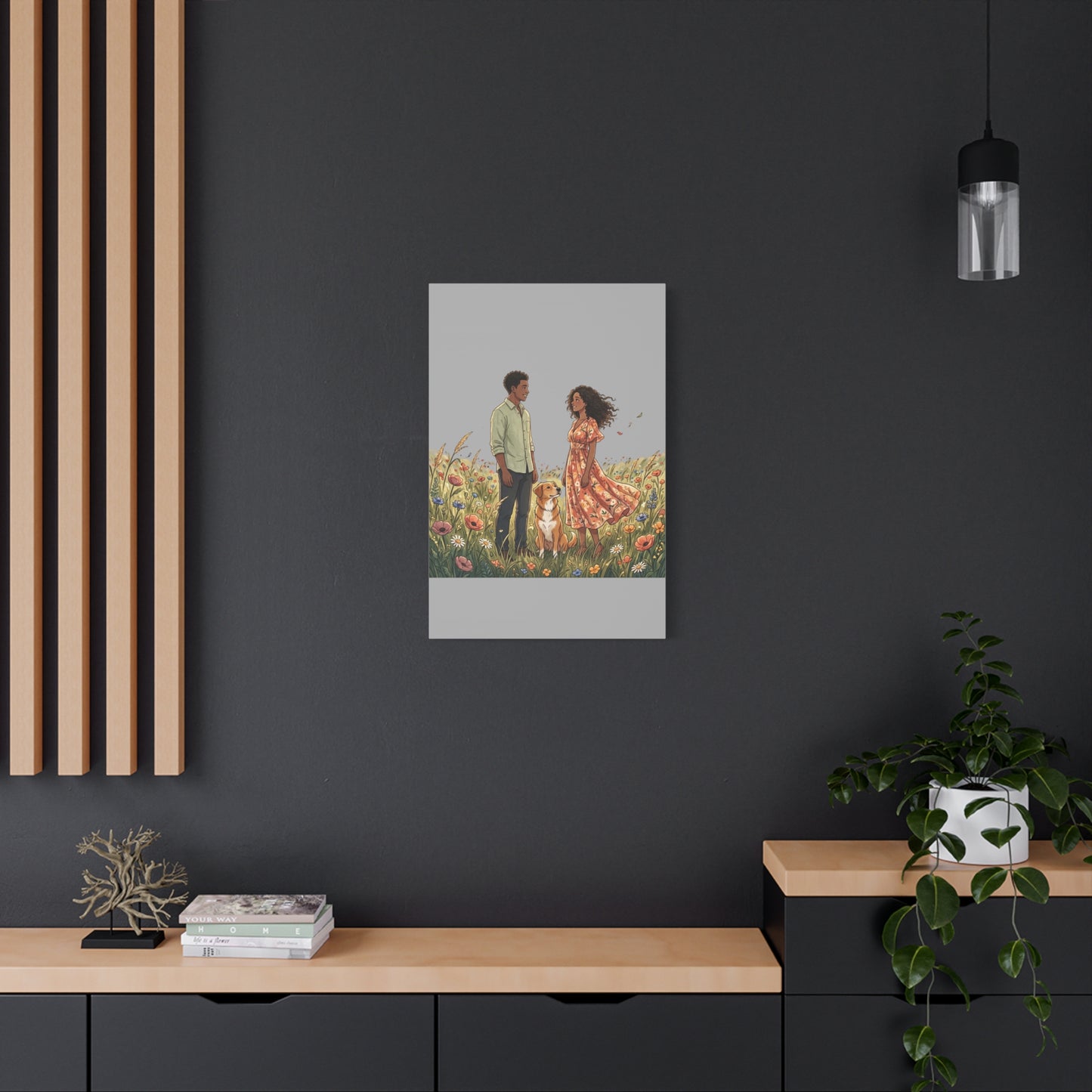 Romantic Couple in Wildflower Field Canvas Art — Black Love Wall Decor with Dog