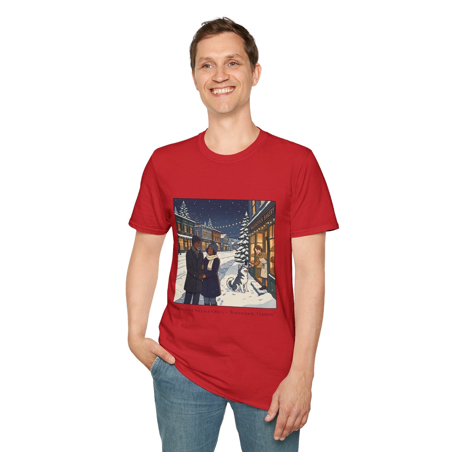 Winter String Lights Stroll T-Shirt — Cozy Holiday Street Scene Graphic Tee