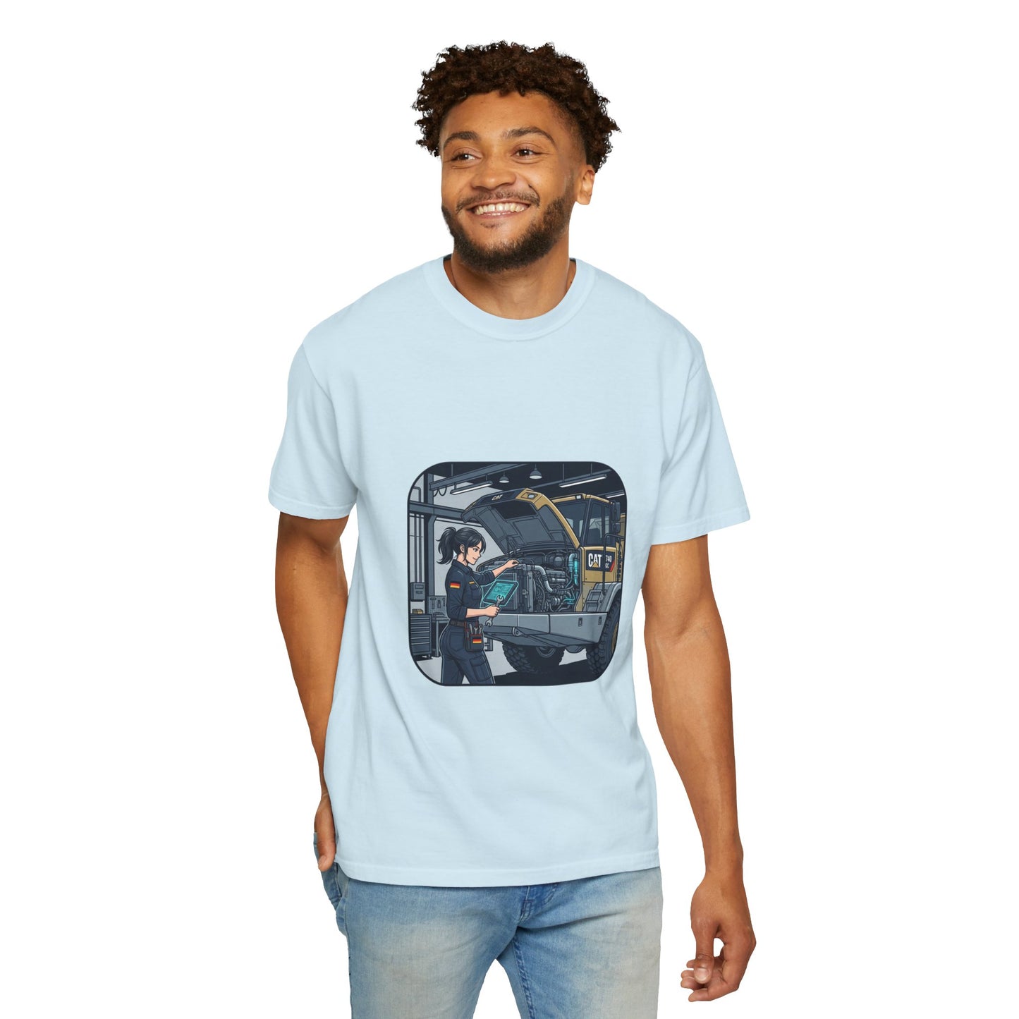 Mechanic Garage Scene T-Shirt — Vintage Truck Repair Illustration