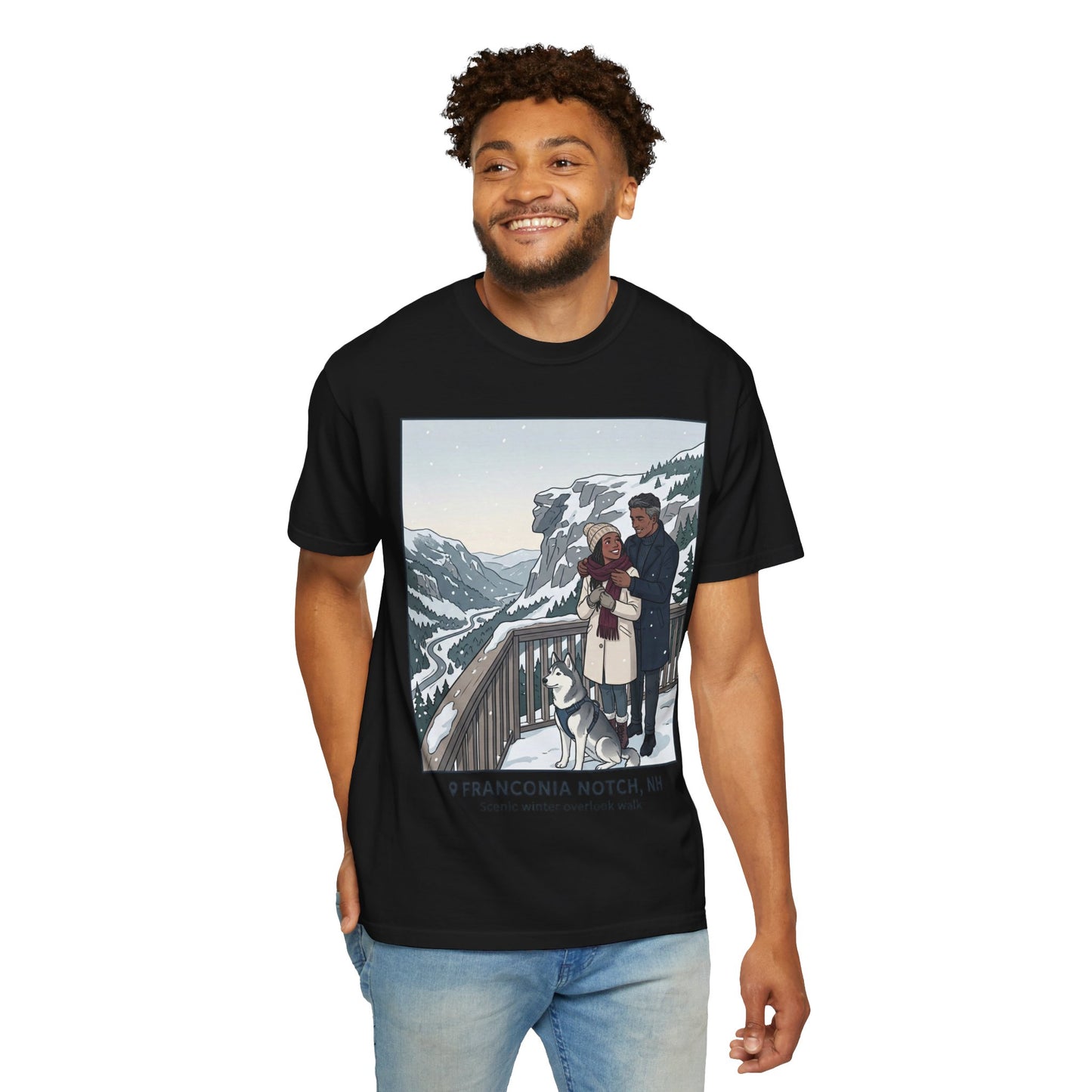 Franconia Notch NH Winter View T-Shirt — Scenic Couple & Husky Travel Tee