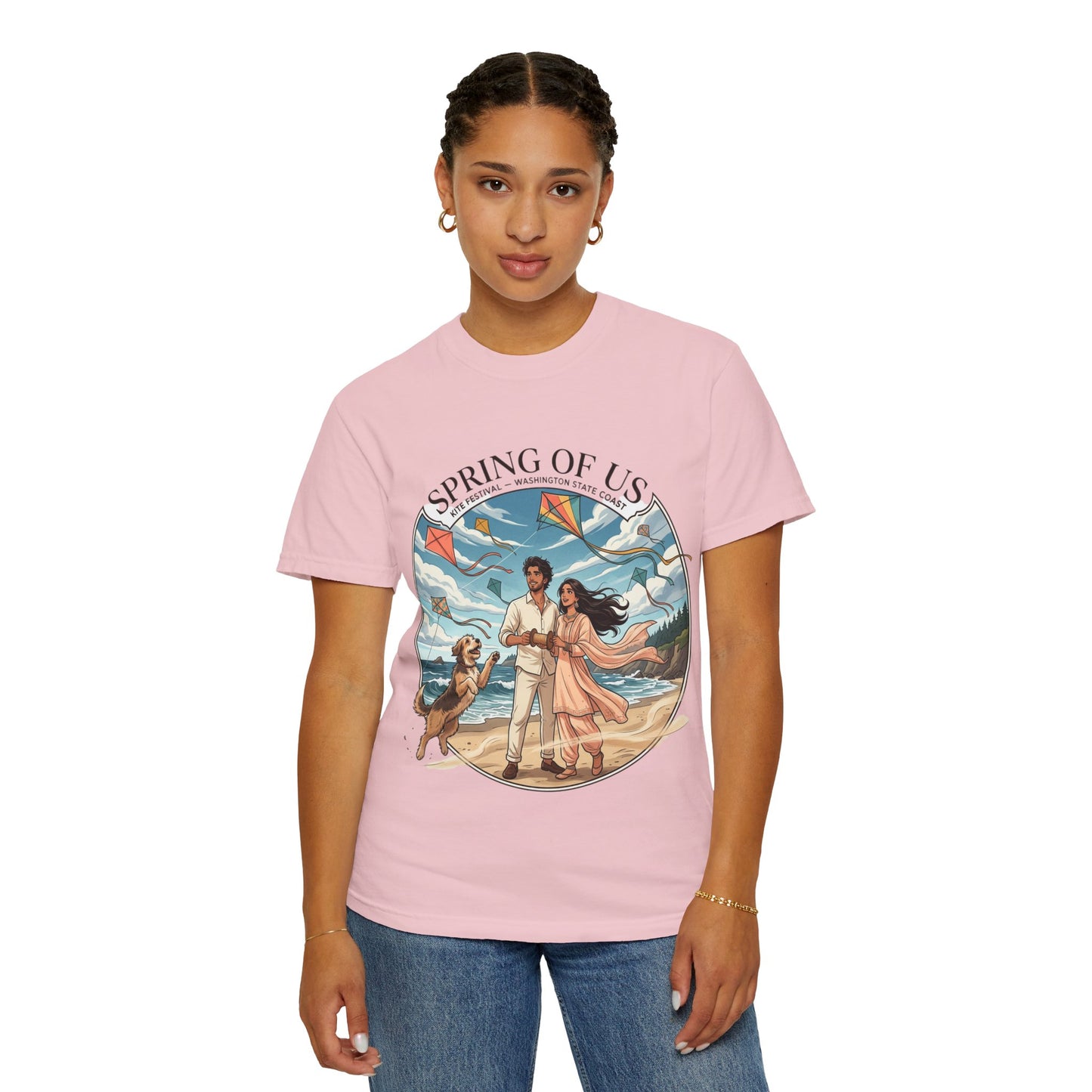 Spring of Us T-Shirt — Romantic Beach Couple Illustration with Dog