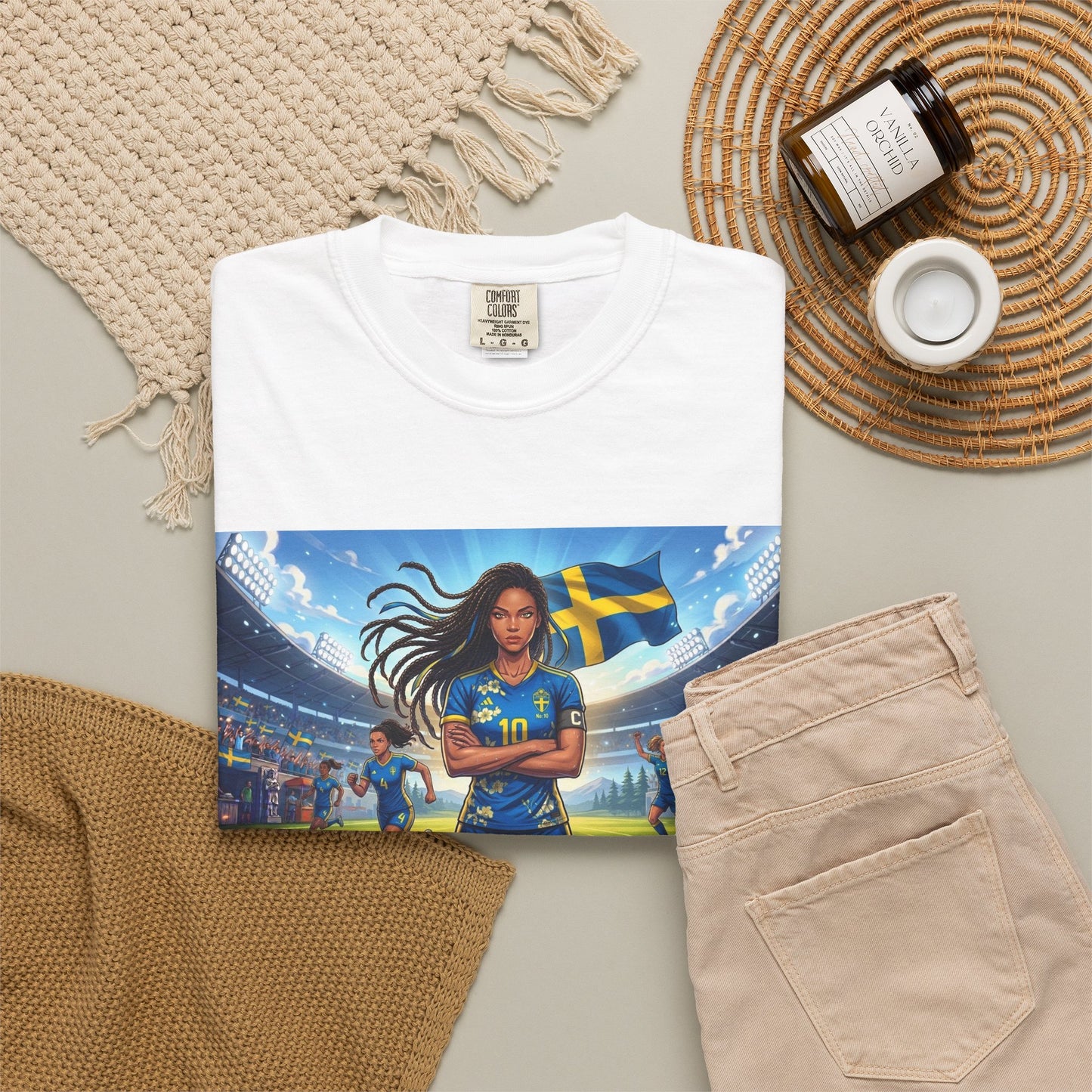 Swedish Soccer Pride T-Shirt — Female Footballer with Flag Stadium Design