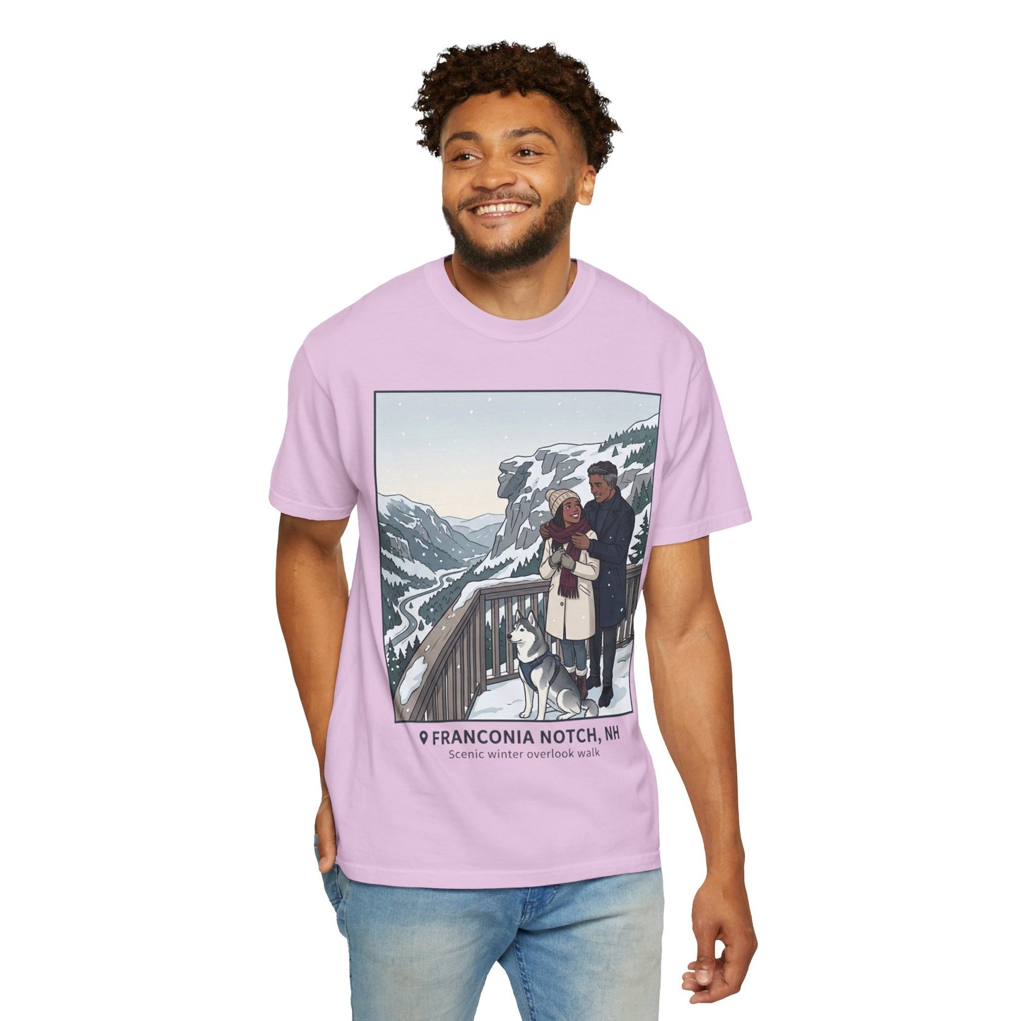 Franconia Notch NH Winter View T-Shirt — Scenic Couple & Husky Travel Tee