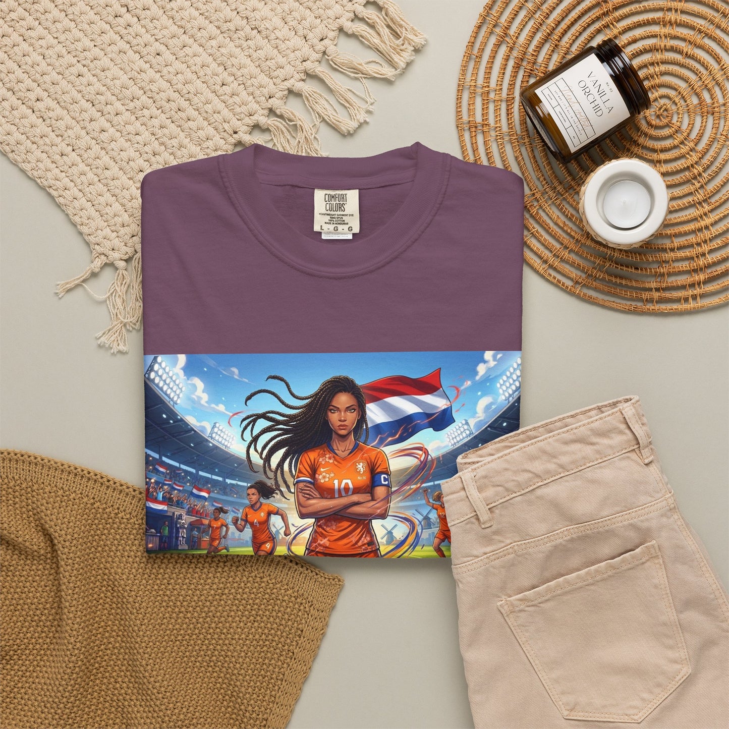Soccer Warrior T-Shirt — Netherlands Female Captain with Flag Stadium Graphic
