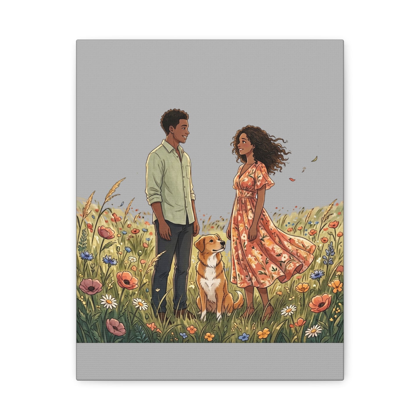 Romantic Couple in Wildflower Field Canvas Art — Black Love Wall Decor with Dog