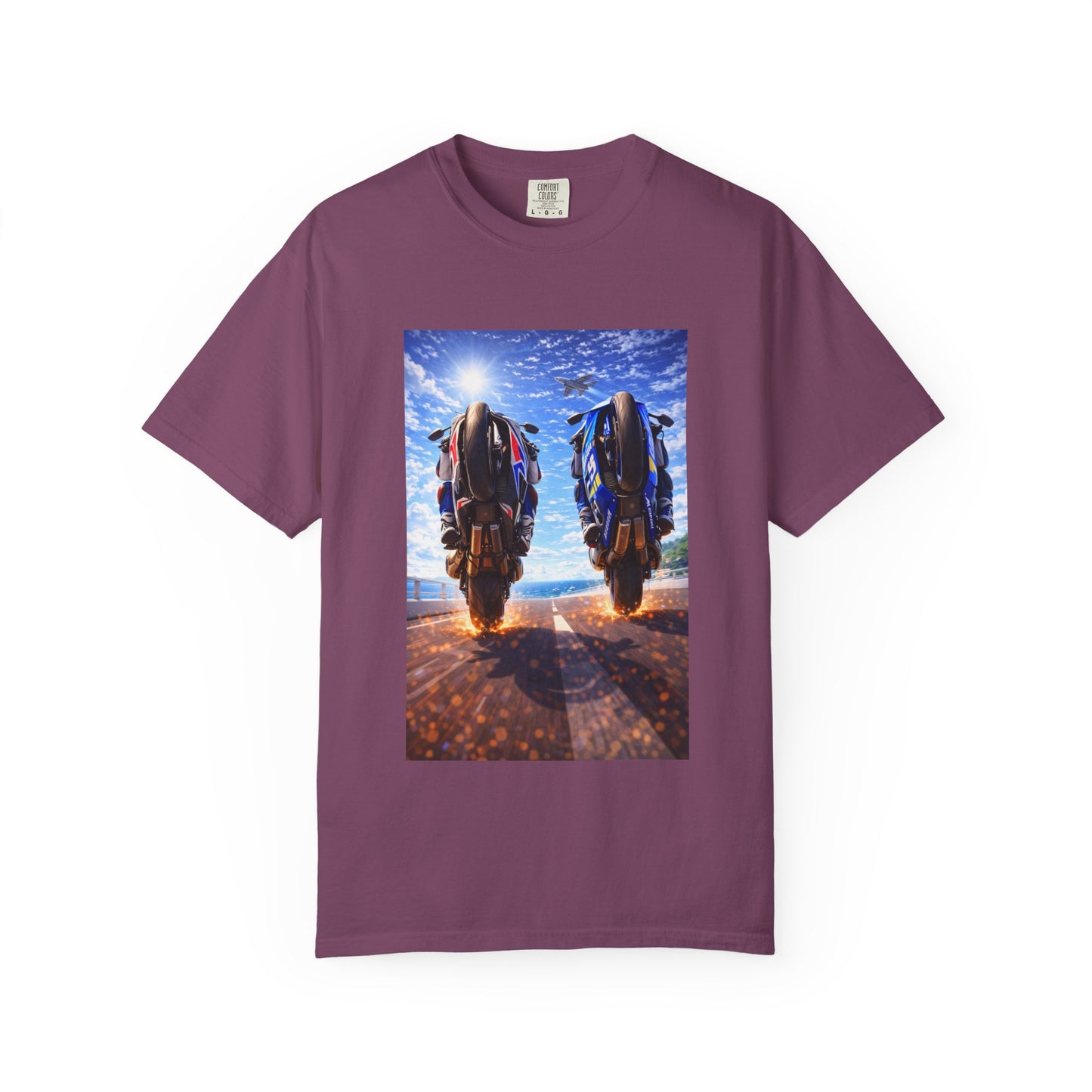 Motorcycle Sunset T-Shirt — Two Bikes Riding Into the Horizon